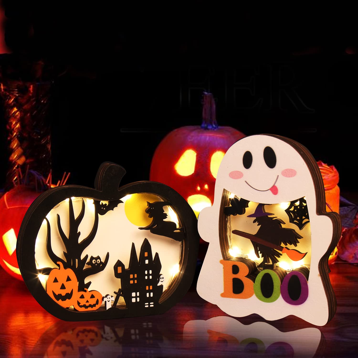 CCINEE 2pcs Halloween Lighted Wooden Table Decoration, Ghost Pumpkin Tabletop Centerpieces LED Boo Spooky Sign for Trick or Trea