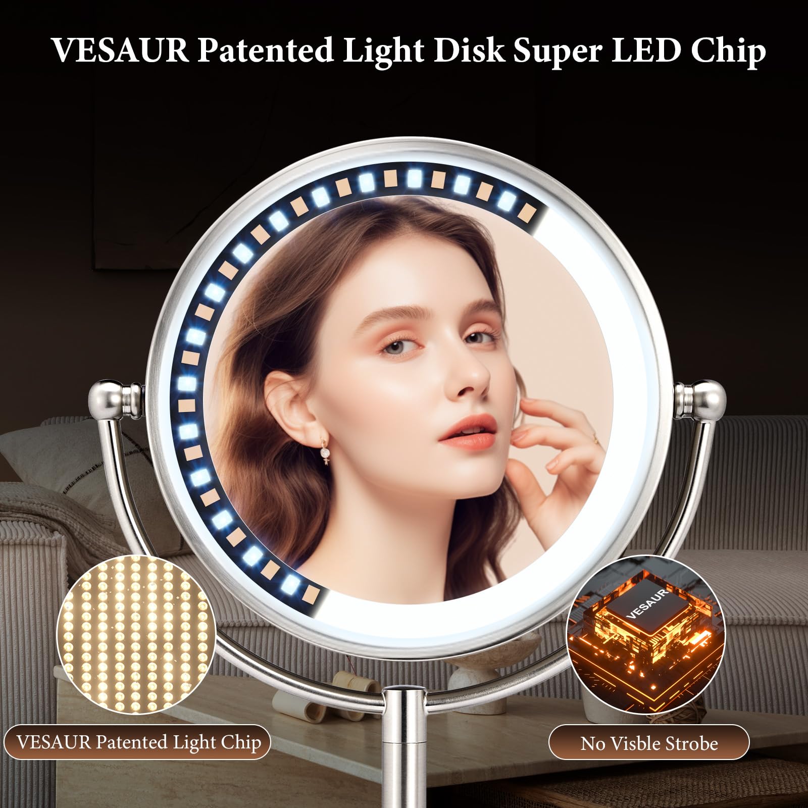 VESAUR Professional 8.5'' Large Lighted Makeup Mirror Updated with 3 Color Lights  1X/10X Magnifying Swivel Vanity Brightness Dimmable Cosmetic Mirror with 48 Premium LED Lights  Senior Pearl Nickel