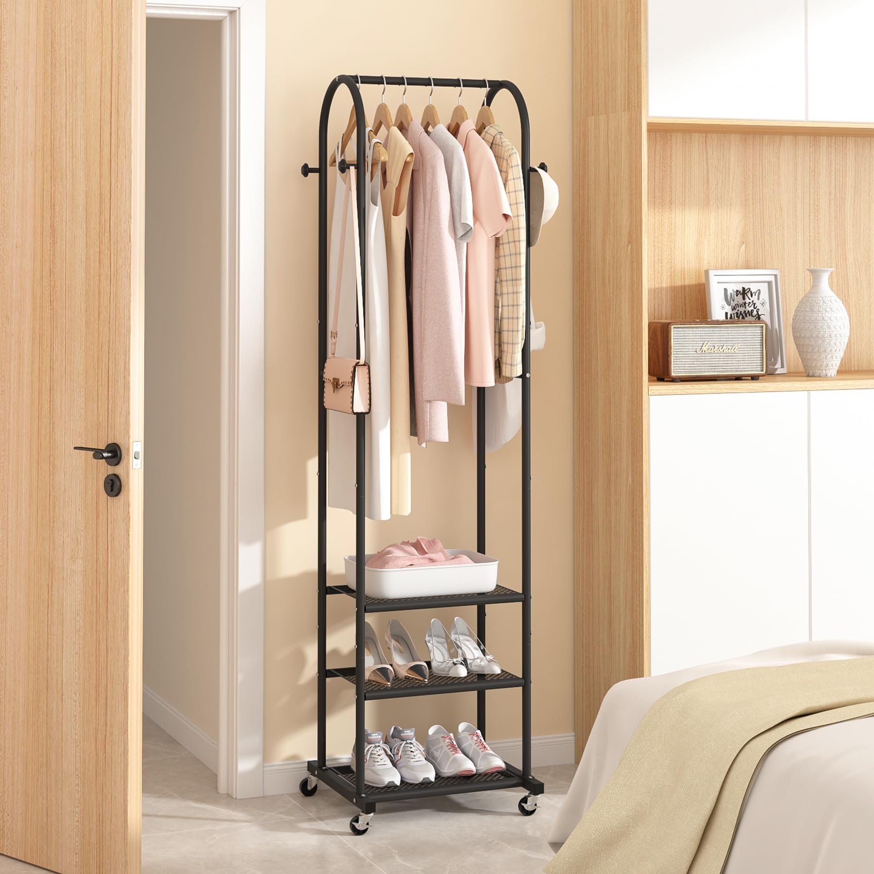 Kaitiemoo Heavy Duty Clothing Rack With Wheels,Modern Garment Rack With 3 Metal Shelves, 71.8Inches Display Rack For Hanging Clo