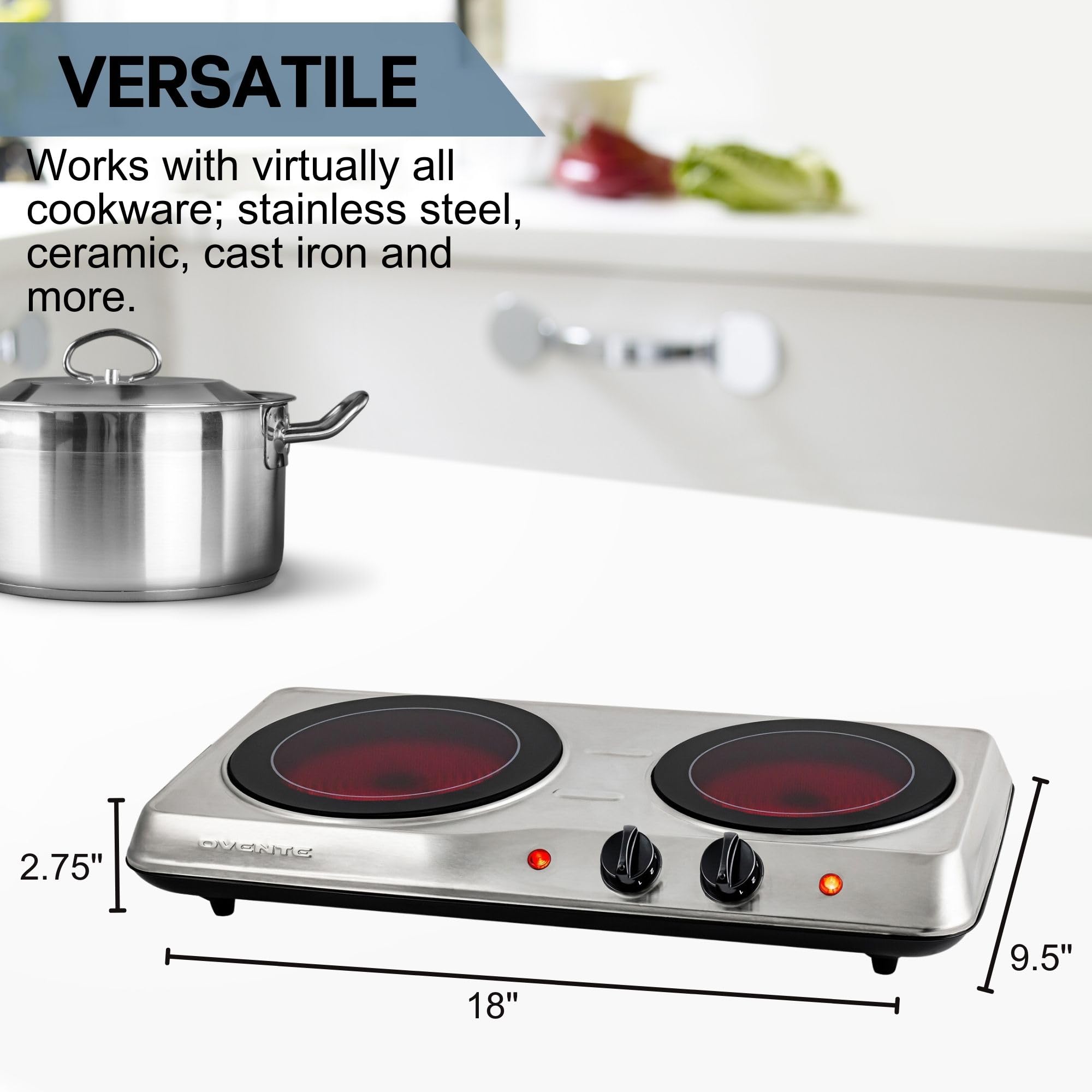 Ovente Countertop Infrared Double Burner, 1700W Electric Hot Plate And Portable Stove With 7.75'' And 6.75'' Ceramic Glass Cookt