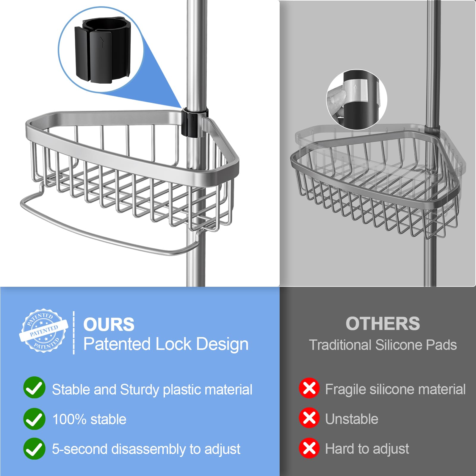 Esseme Corner Shower Caddy Tension Pole: Adjustable Rustproof 4-Tier Inside Bathroom Organizer - 47-121 Inch Quick Installation