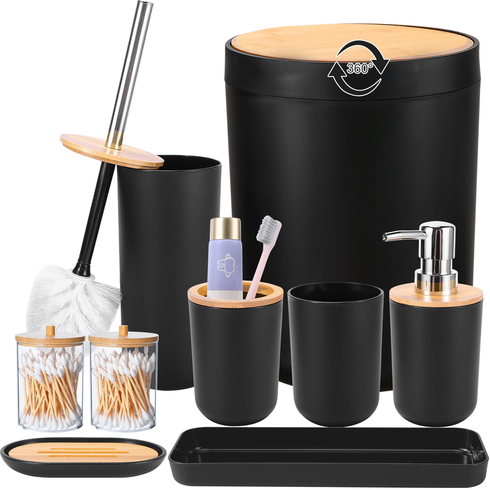 Imucci Bathroom Accessories Set With Trash Can,Toothbrush Holder, Lotion Soap Dispenser, Soap Dish,Tumbler Cup(9Pcs Black Bamboo