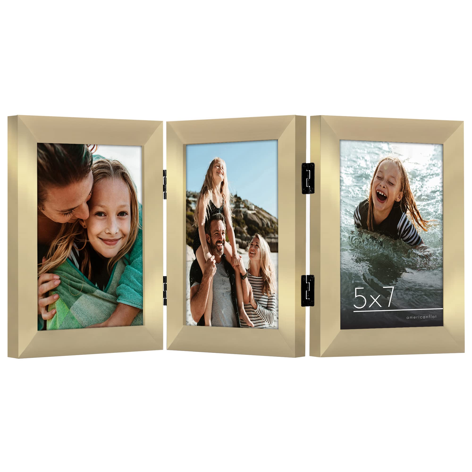 Americanflat Hinged 3 Picture Frame 5x7 with Shatter-Resistant Glass - Signature Collection - Foldable Picture Frame for Tableto