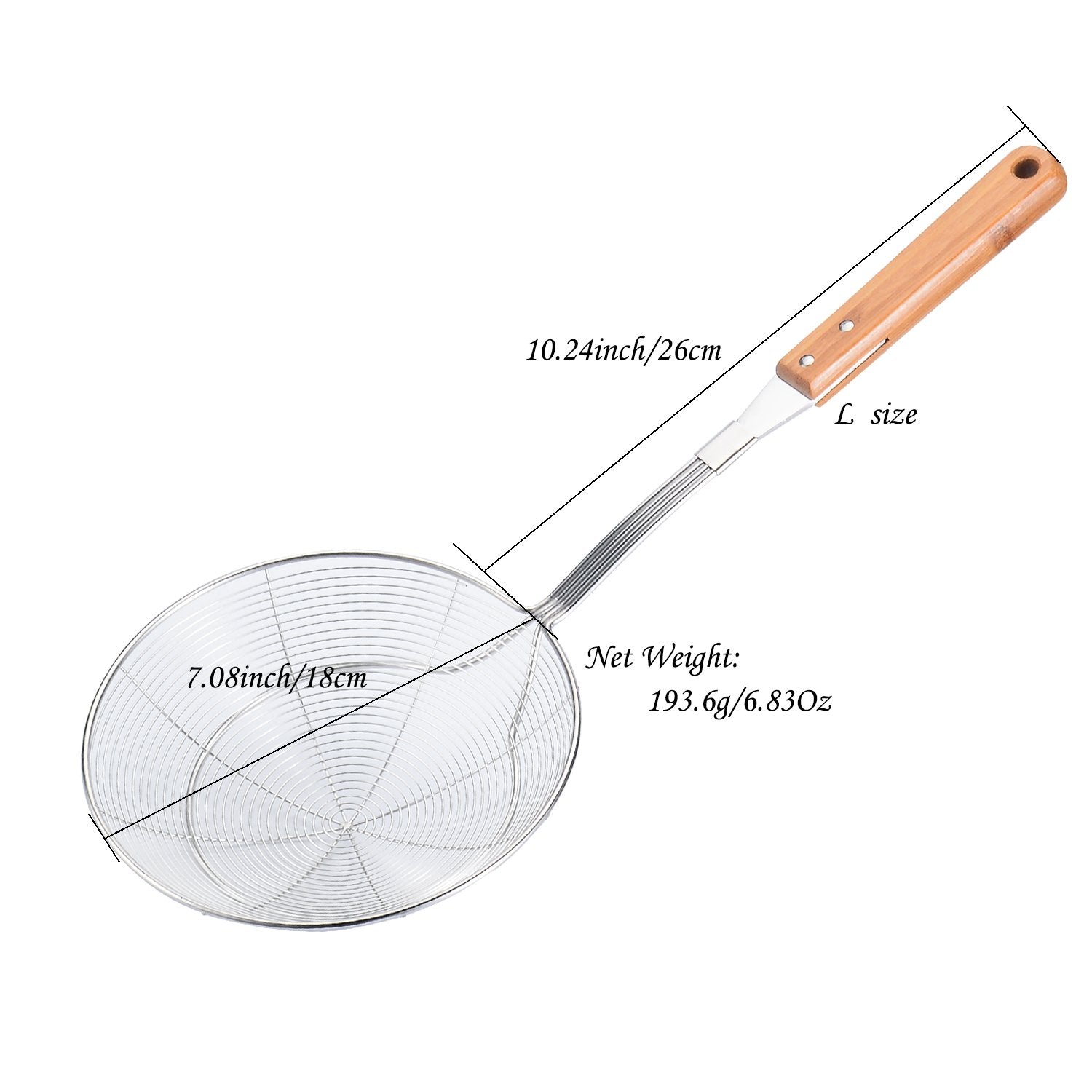 Tenta Kitchen Stainless Steel Wire Strainer, Bamboo Handle (L Size, Over 7 Inch)