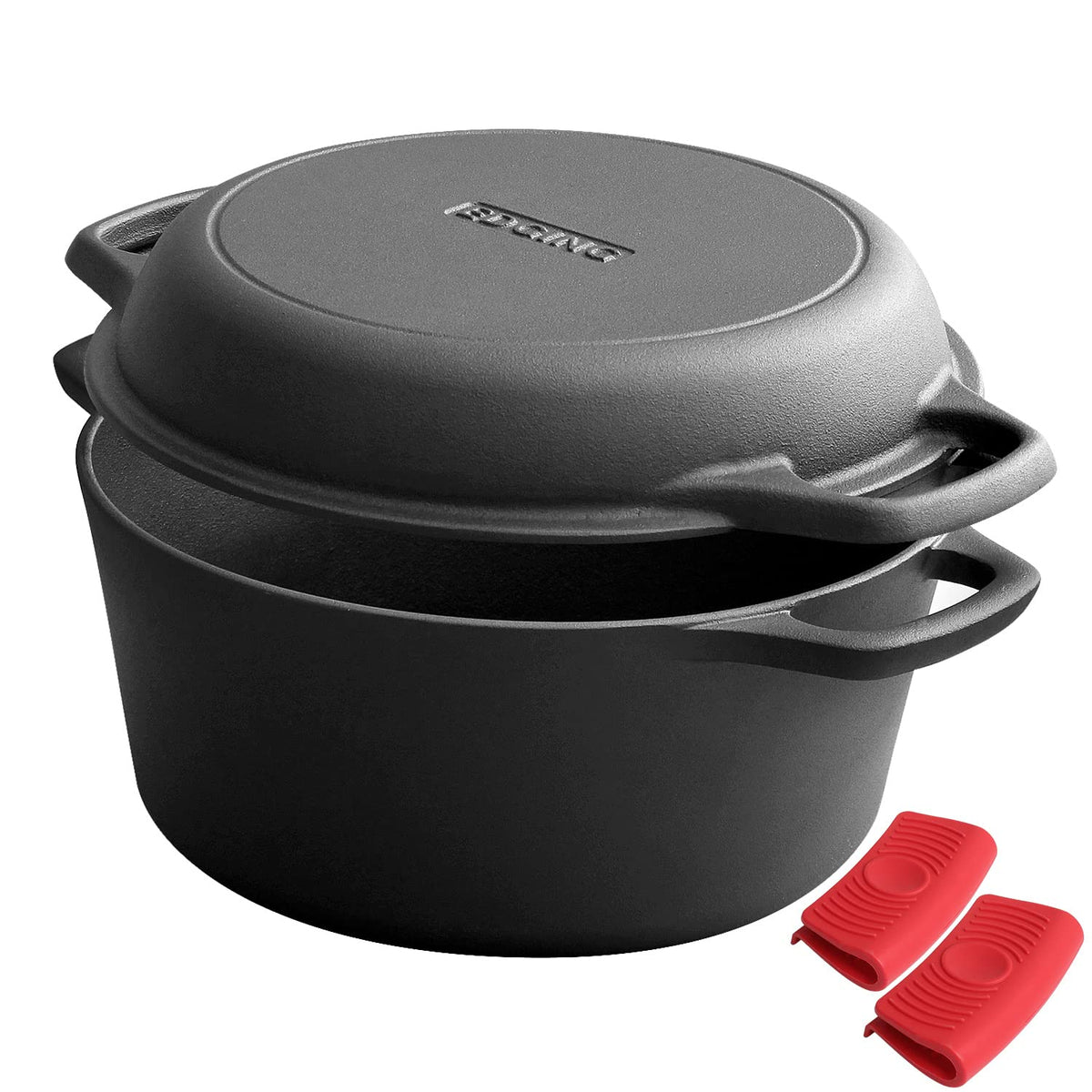Edging Casting 2-In-1 Pre-Seasoned Cast Iron Dutch Oven Pot With Skillet Lid Cooking Pan, Cast Iron Skillet Cookware Pan Set Wit