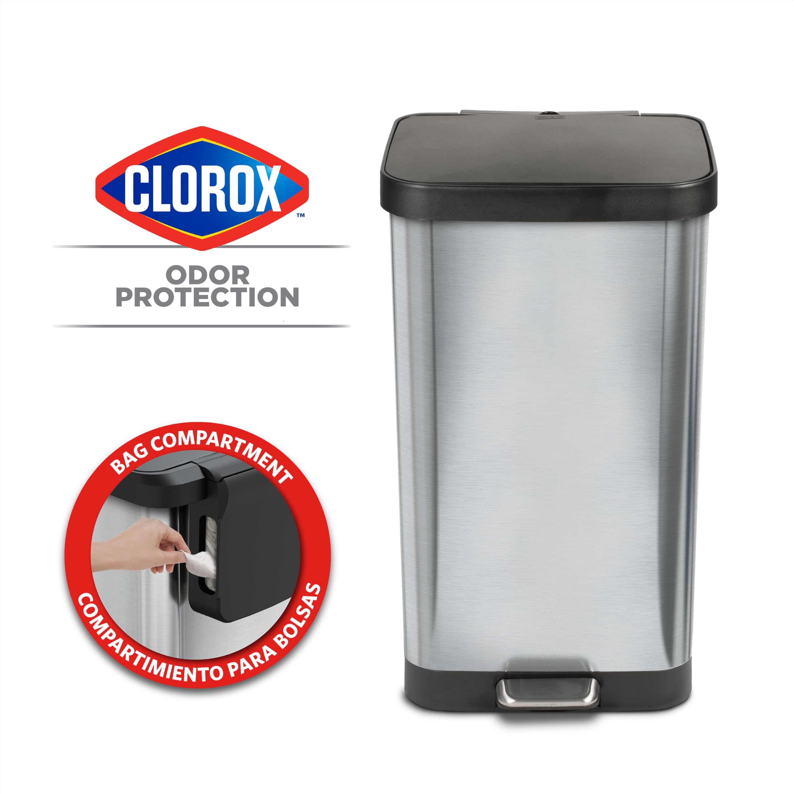 Glad Stainless Steel Step Trash Can With Clorox Odor Protection | Large Metal Kitchen Garbage Bin With Soft Close Lid, Foot Peda