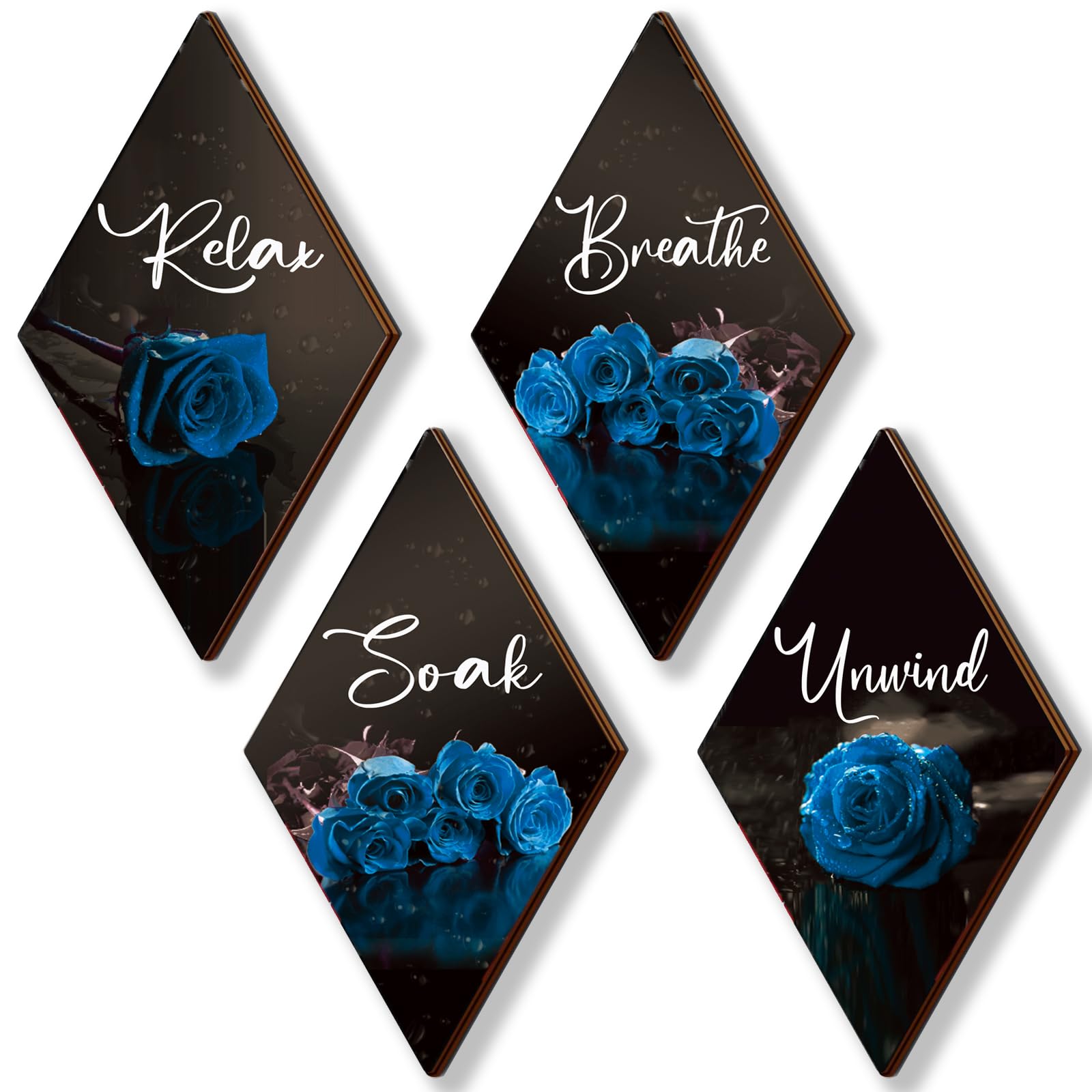 ONIZHITY Set of 4 Blue Bathroom Decor Rose Wooden Wall Decor Flower Rustic Romantic Floral Farmhouse Blue Wall Decor Modern Brea