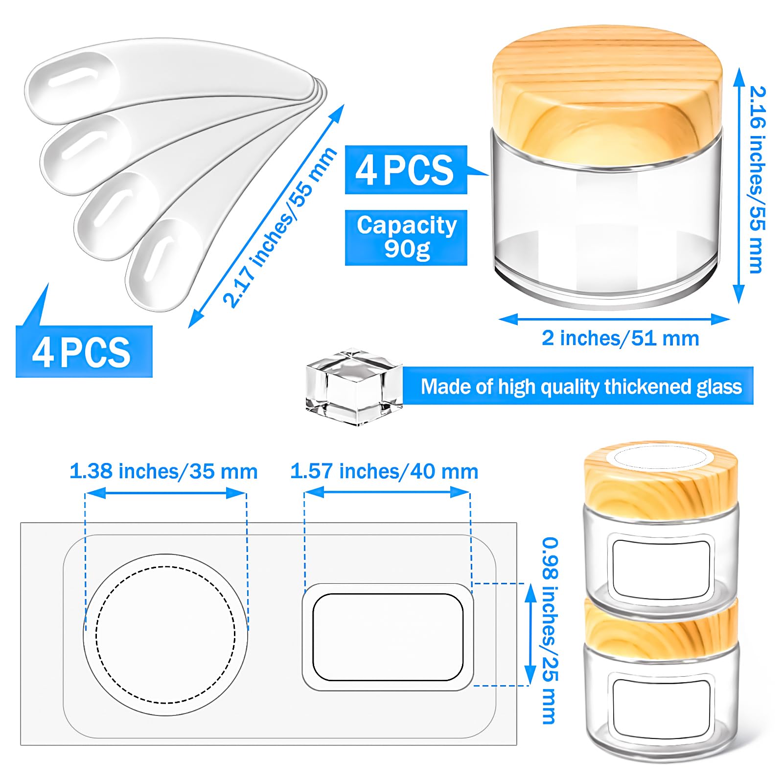 Motbach 4 Pack 2Oz Glass Jars With Lids 60Ml Mini Round Clear Glass Jars With Inner Liners And Spatulas, Travel Size Containers