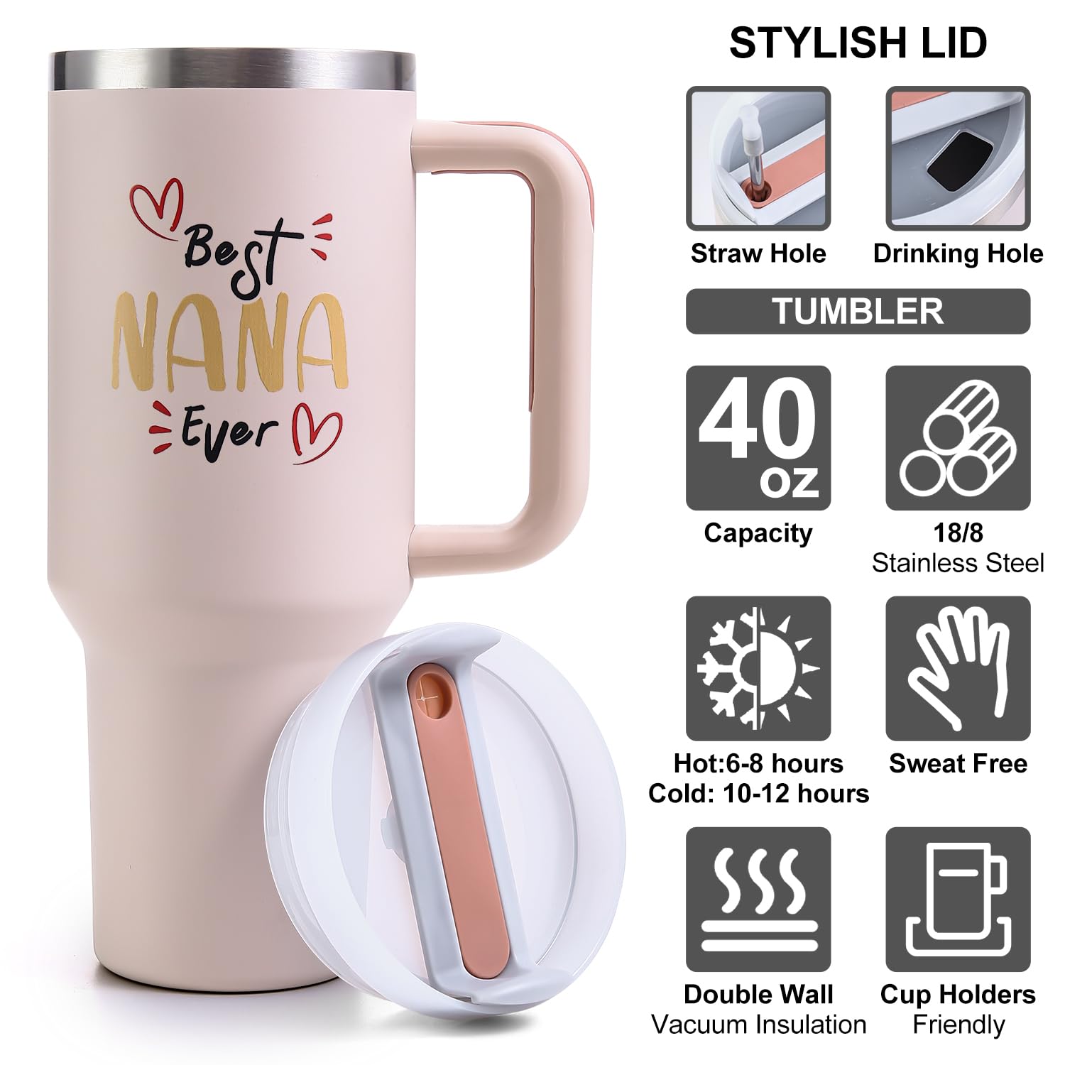 VoziSpace Best Nana Ever Tumbler with Handle 40oz Nana Gifts - Birthday Gifts for Grandma, Grandma Coffee Mug from Grandkids - W