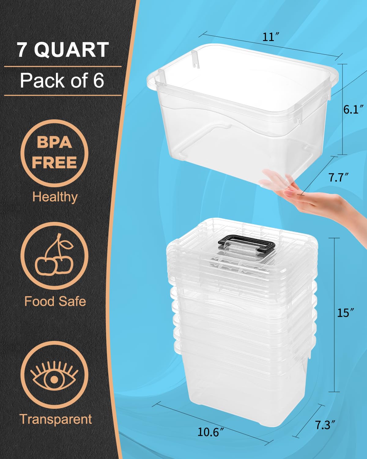 Eoenvivs Plastic Storage Bins With Lids 6 Packs, 7 Quart Storage Organizer Bins With Black Buckle Lids, Stackable Storage Contai