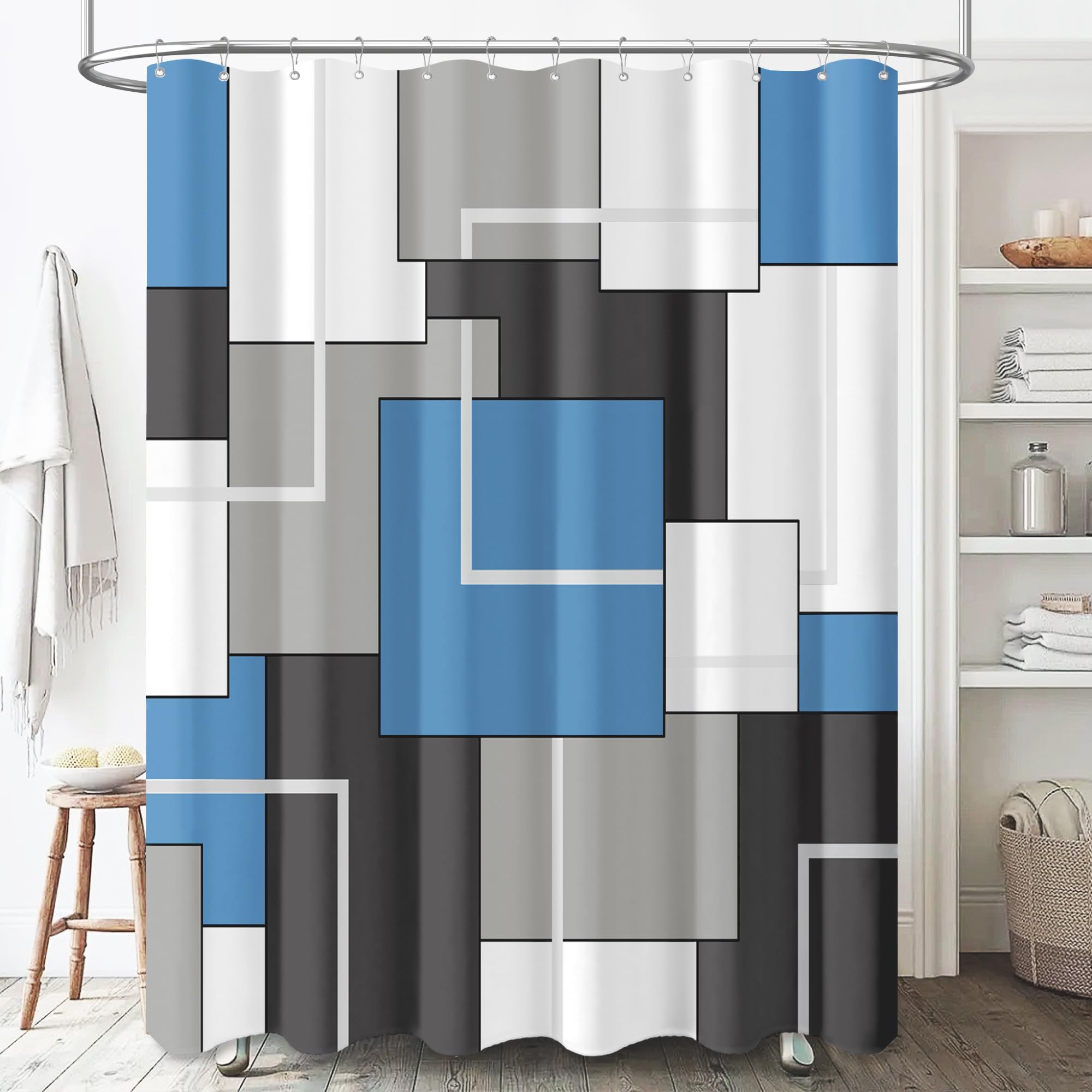 Bttn Blue Fabric Shower Curtain, Modern Geometric Neutral Cloth Shower Curtain Set With Hook, Water Repellent, White Black Grey
