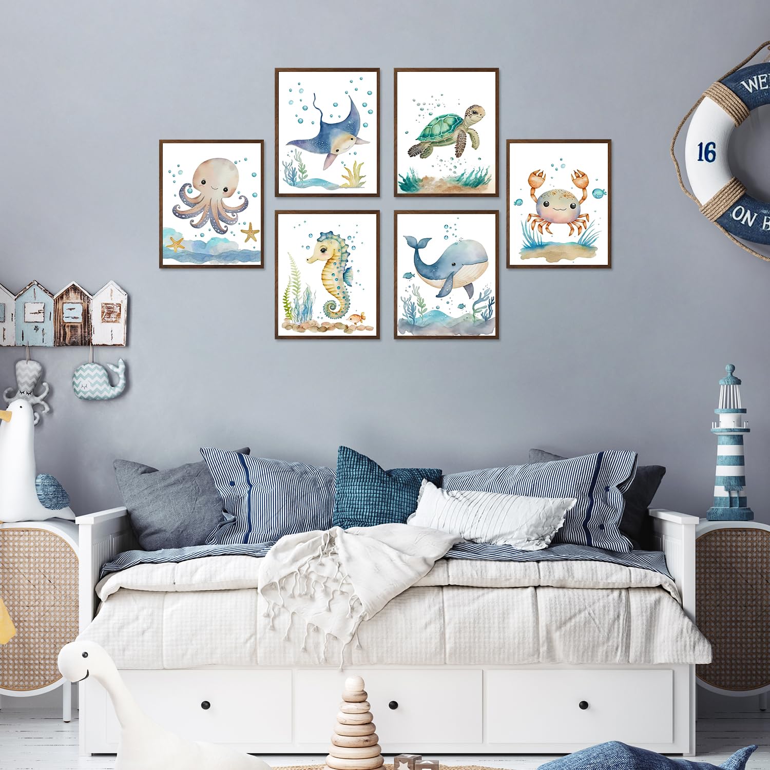 Dazzlewall 6Pcs Ocean Themed Nursery Wall Decor Watercolor Sea Animal Canvas Wall Art For Kids Boys Girls Nursery Bathroom Bedro