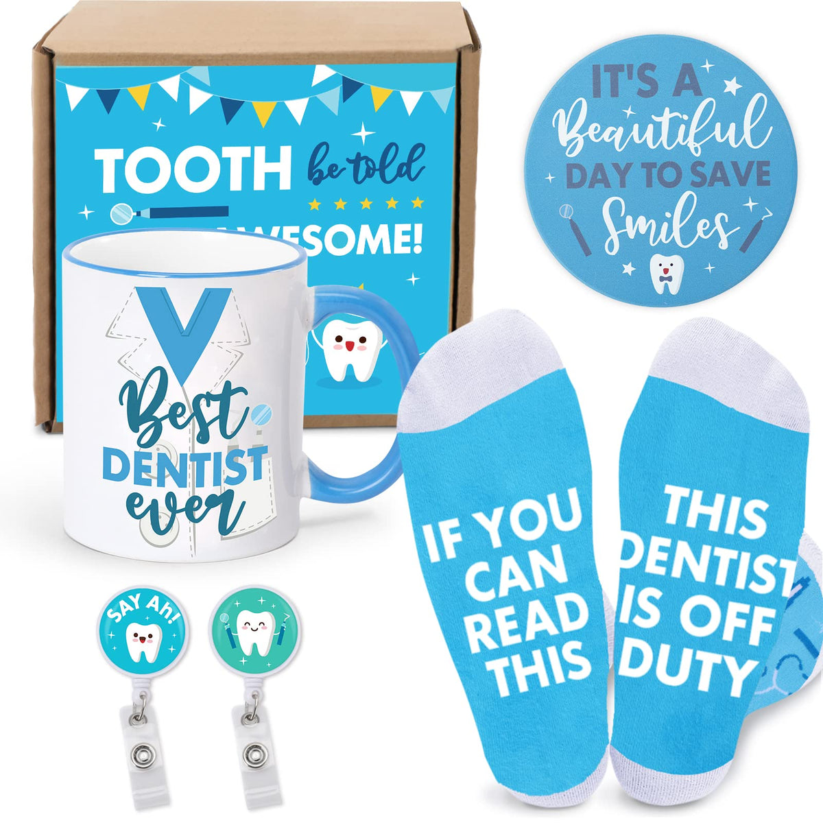 Dentist Gift Box For Men Funny Dentist Socks Coffee Mug Ceramic Coaster Dentist Badge Reel Dentist Appreciation Graduation Birth