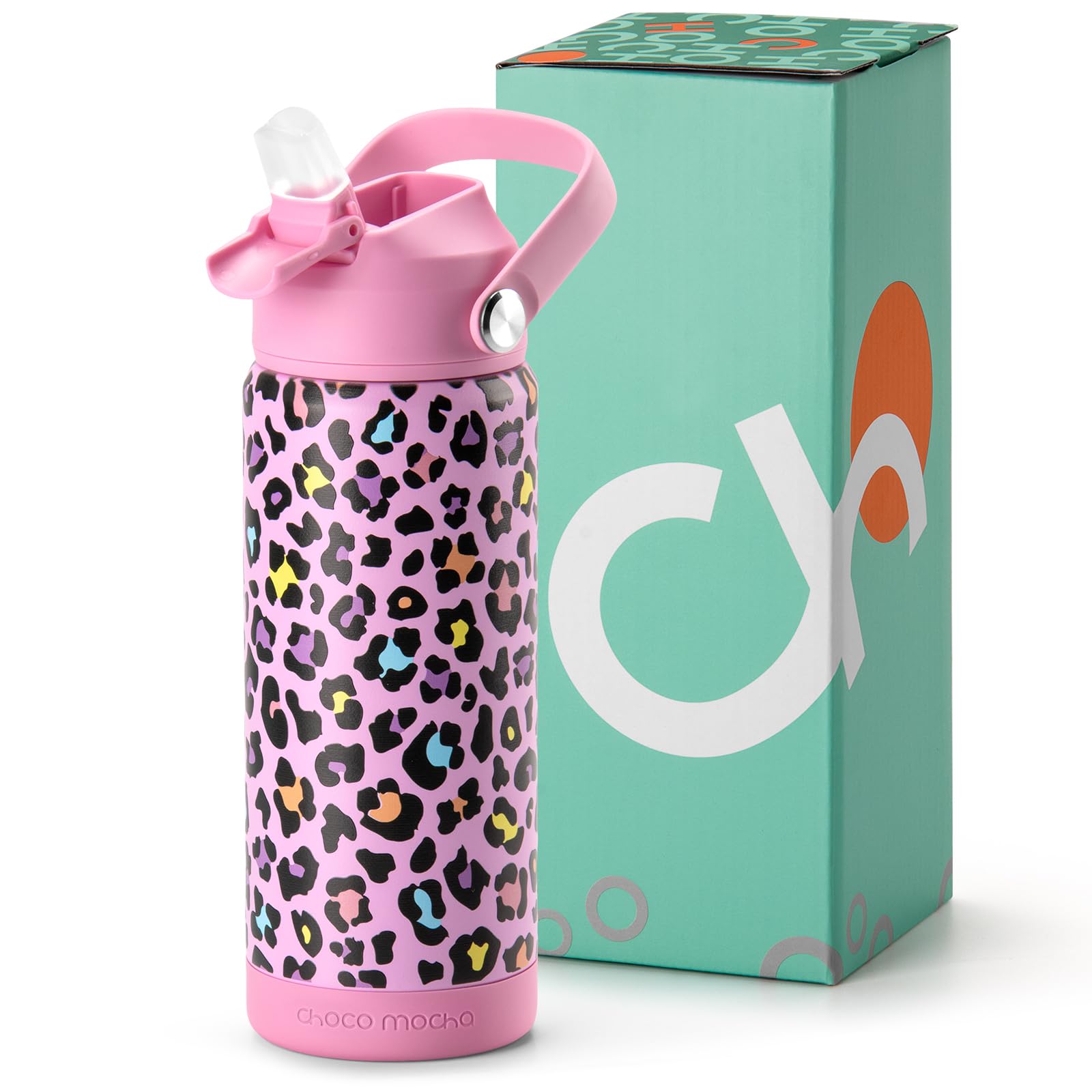 Choco Mocha Kids Water Bottle For School, Kids Insulated Cheetah Water Bottle Stainless Steel for Girls,18Oz Pink Leopard