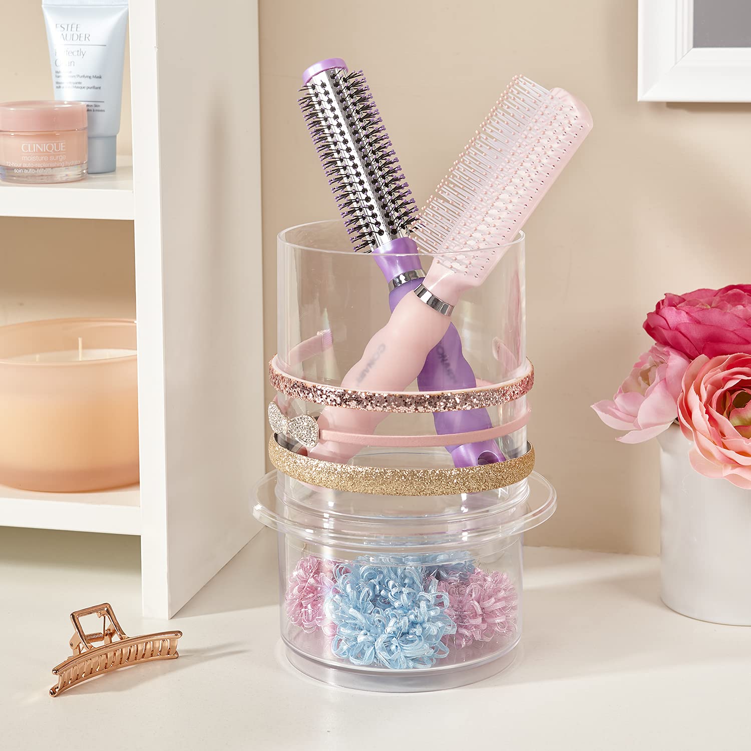 Stori Bella Stackable Clear Plastic Hair Accessory Organizer Set | Round Headband And Hairbrush Holder Stacks On The Storage Con
