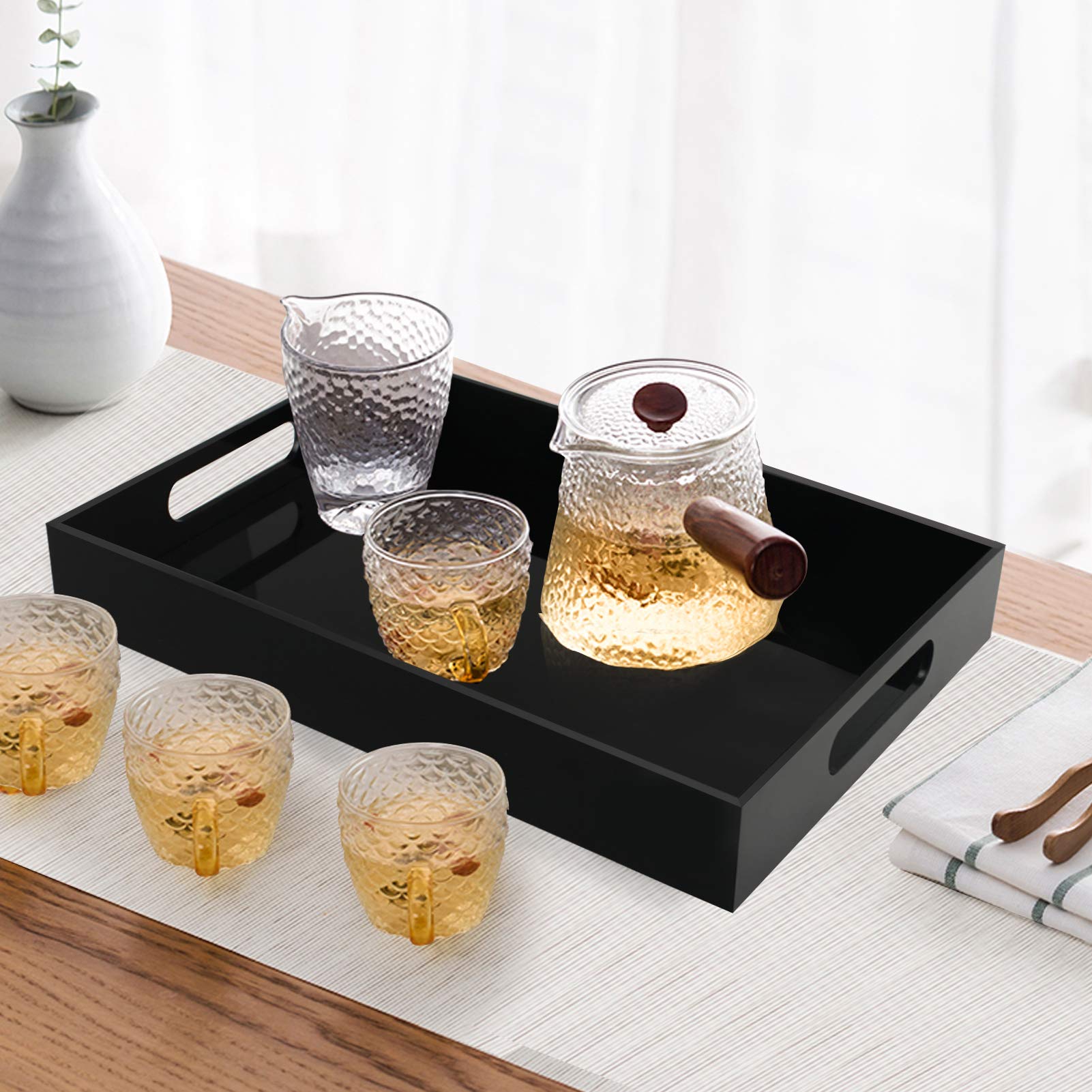 Tasybox Black Serving Tray, Acrylic Decorative Serving Trays With Handles For Kitchen Dining Room Table Ottoman Vanity Counterto