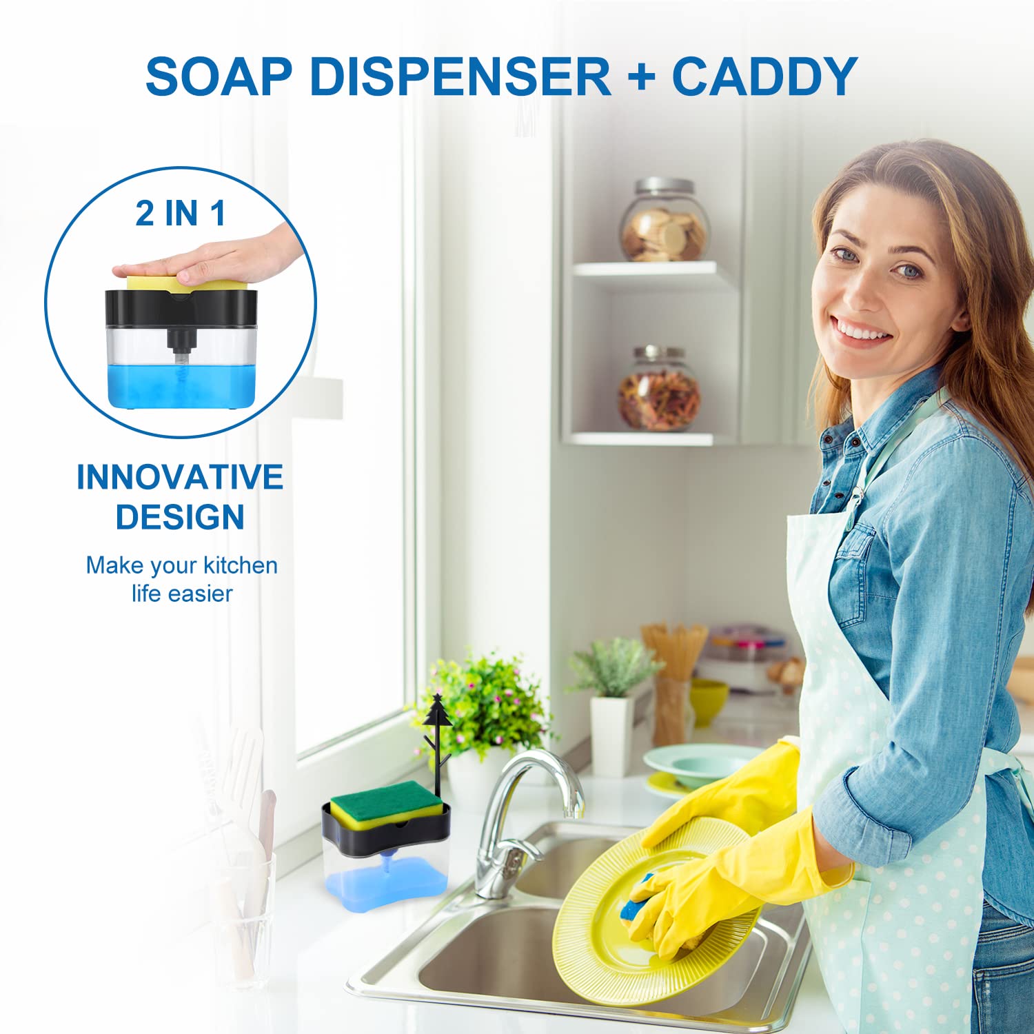 Premium Quality Dish Soap Dispenser - Countertop Kitchen Soap Dispenser  Sink Dish Washing Soap Dispenser 13 Ounces (Sponge Included)
