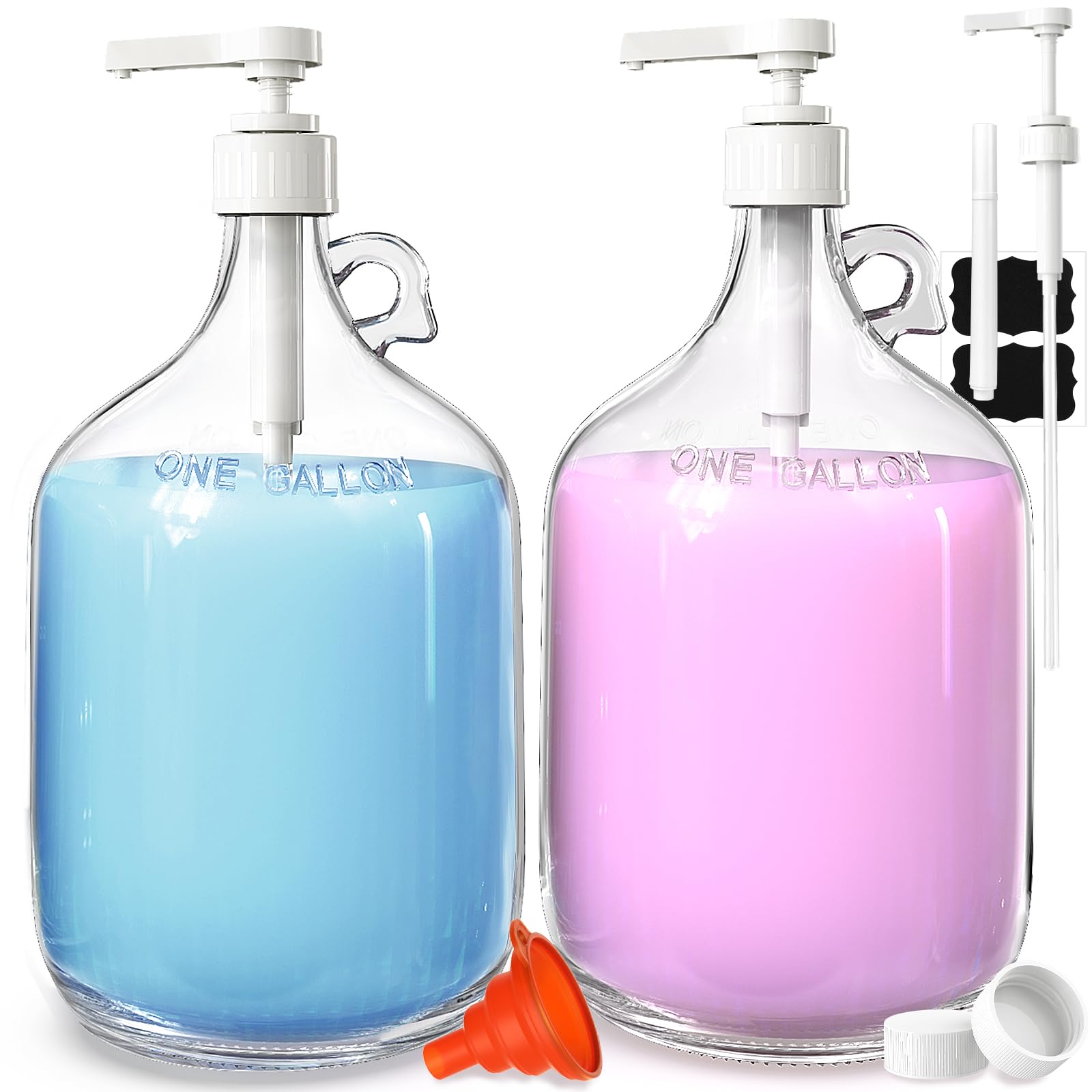 2 Pack Gallon Glass Pump Bottle Dispensers With 3 Pumps And 2 Airtight Lids, Laundry Soap Dispensers With 1 Funnel, Liquid Laund