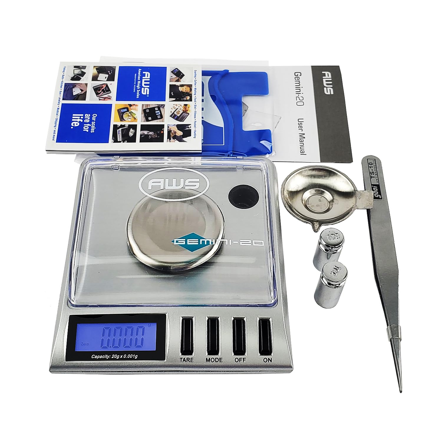 Gemini-20 Milligram Scale - 20G X 0.001G Precision Digital Scale In Silver & Black - Includes Calibration Weights, And Tweezers