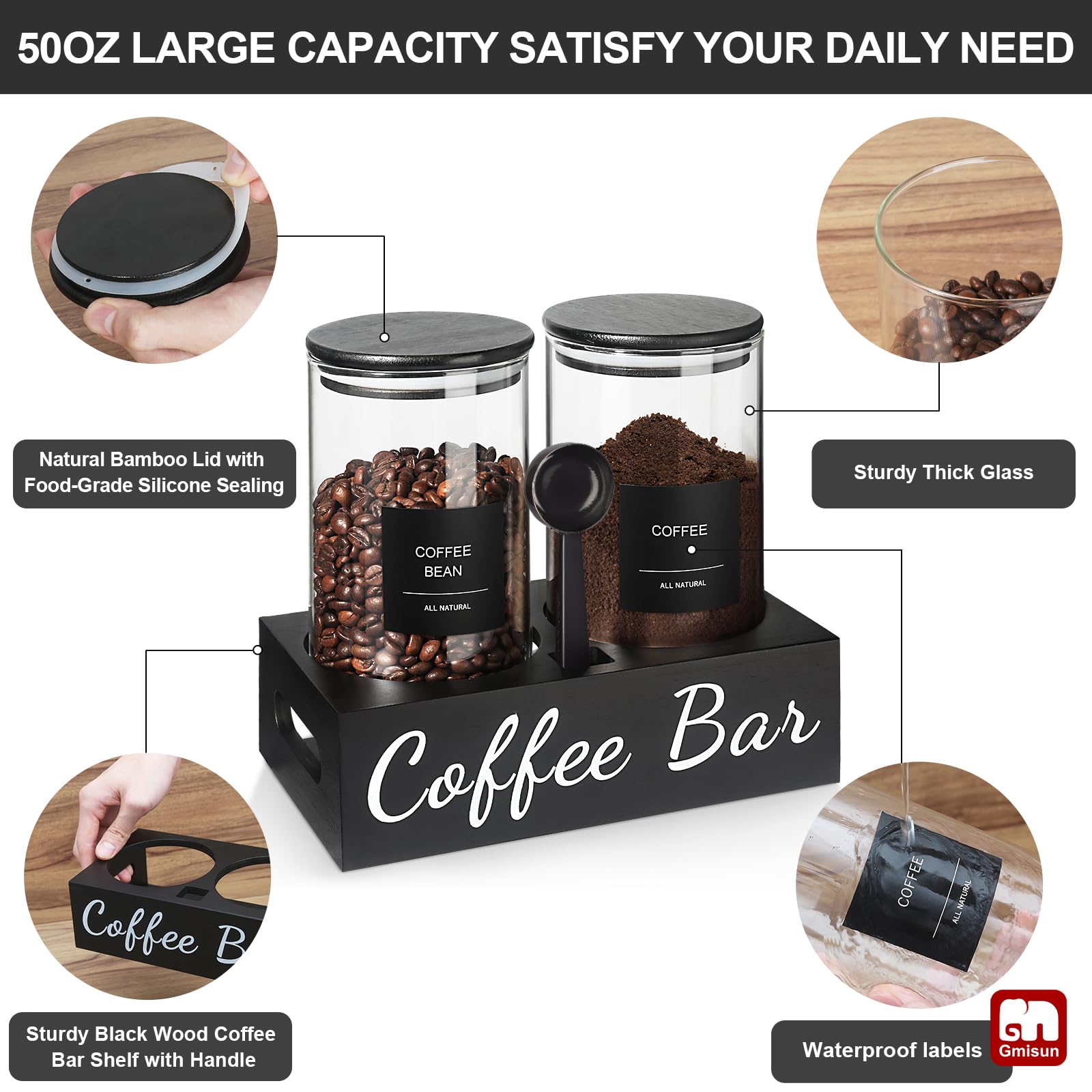 Gmisun Coffee Container, 2Pcs 50Oz Black Glass Coffee Bean Storage Canister With Airtight Lids, Coffee And Sugar Jar Set With Sc