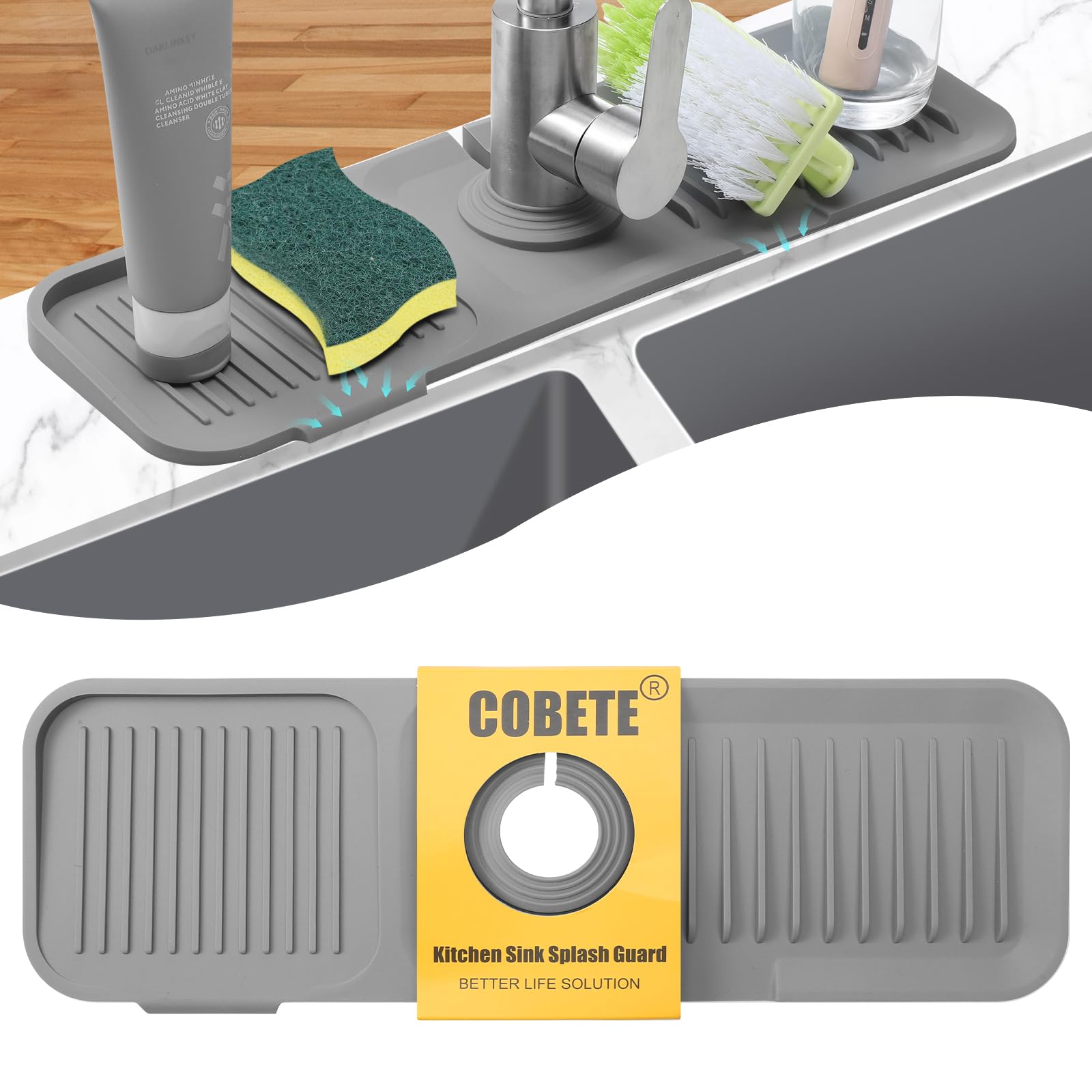 Cobete Kitchen Sink Splash Guard, 5Slope 17.7In Faucet Mat Splash Catcher, Handle Drip Catcher Tray, Multipurpose For Kitchen Di