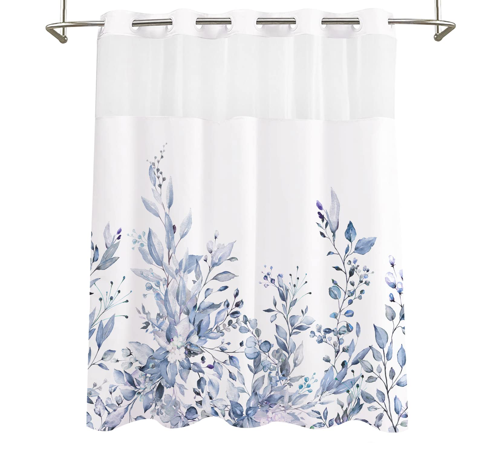 Tititex No Hooks Snap In Liner Serenity Lake Blue Eucalyptus Leaves Shower Curtain Sets, Hotel Luxury Double Layers Waterproof F