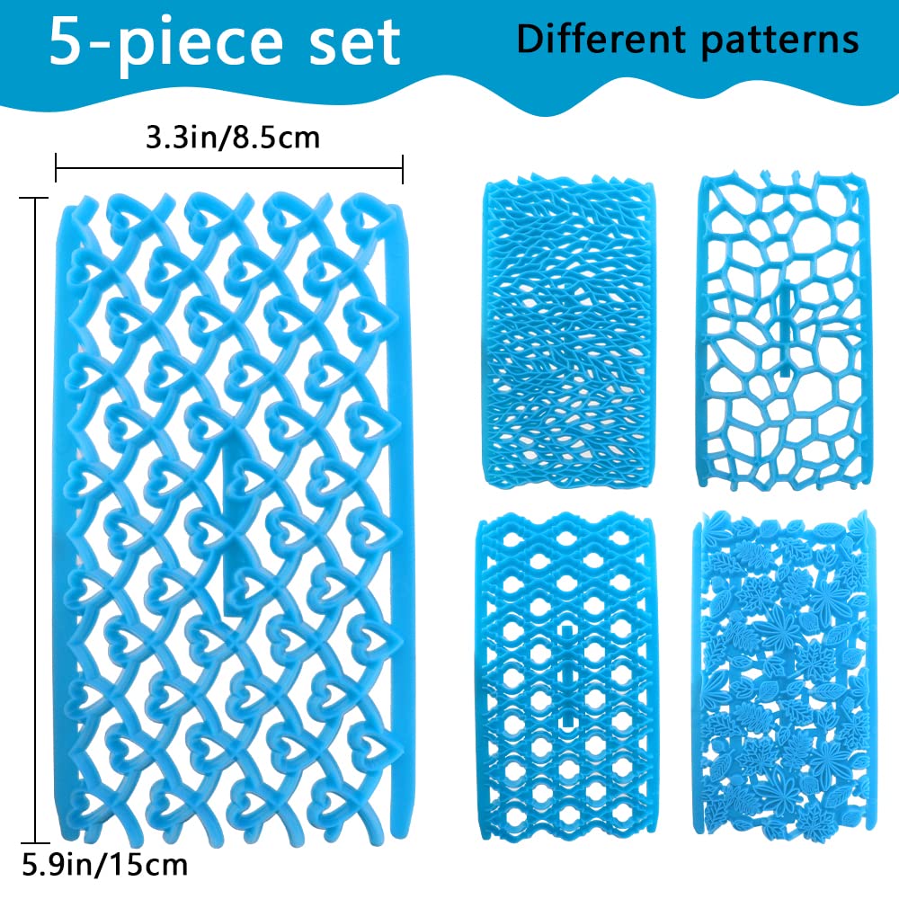 HENGKE Cake Fondant Embossing Mould Set - 5 Clear Plastic Baking Molds for Chocolate, Cookie, Cupcake Decoration