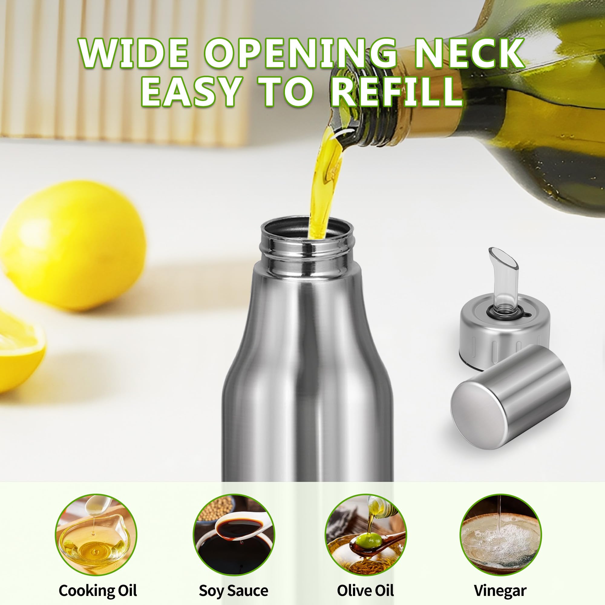 OLUM Oil Dispenser Bottle Stainless Steel with No Drip Pouring Spout for Kitchen & BBQ 17 oz500ML