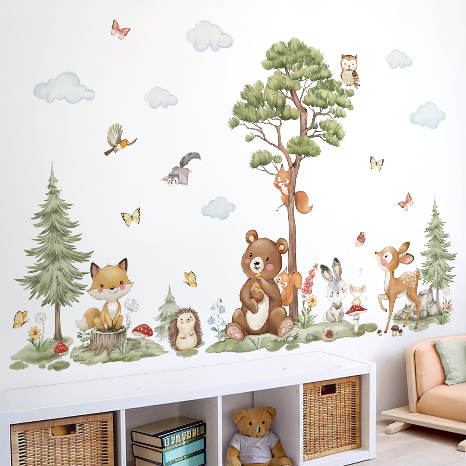 Wondever Woodland Animals Wall Stickers Large Pine Tree Forest Bear Deer Fox Peel And Stick Wall Art Decals For Baby Nursery Kid