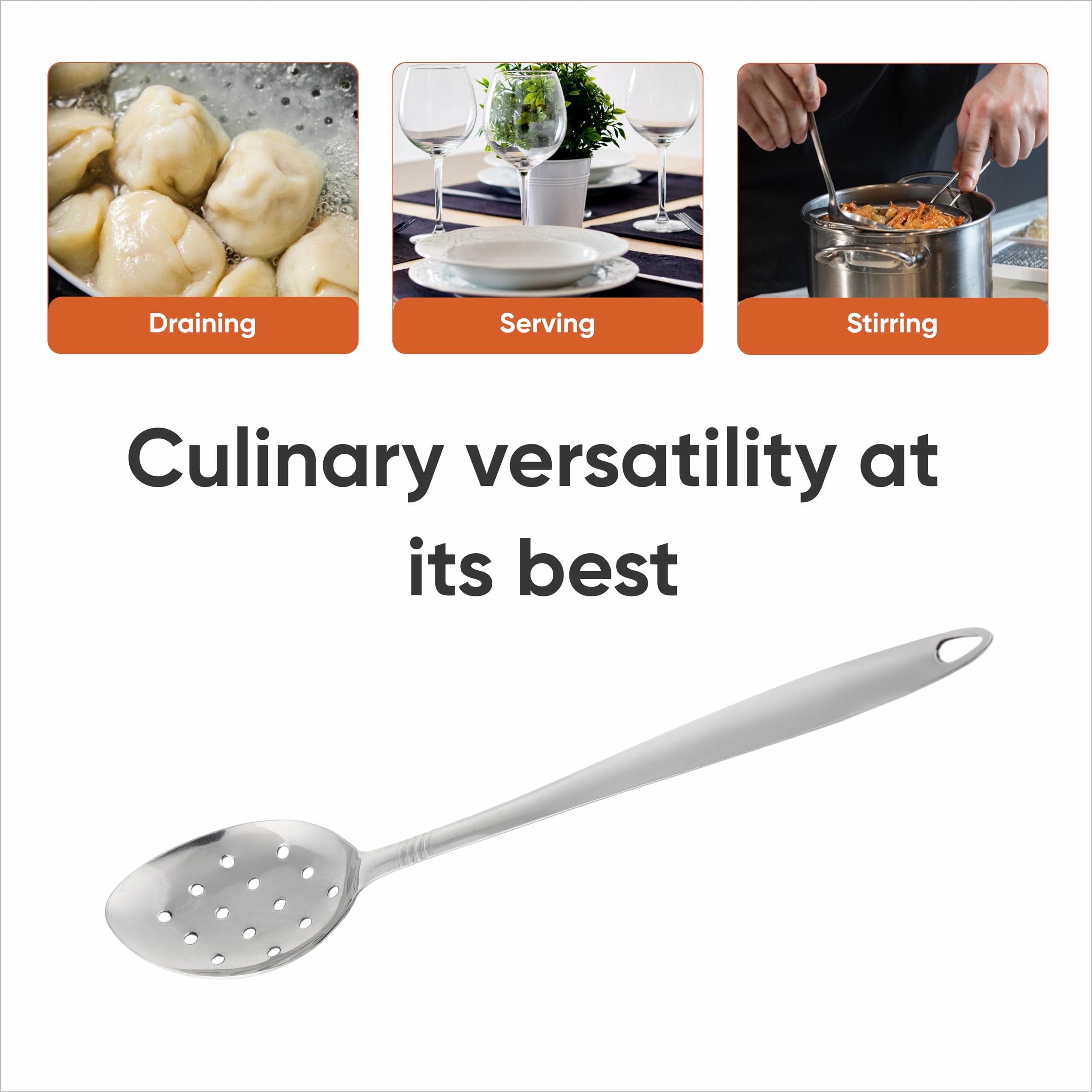 Large Metal Cooking Spoon With Holes- Pack Of 2 - Stainless Steel Slotted Serving Spoon - Perforated Metal Spoon With Long Handl