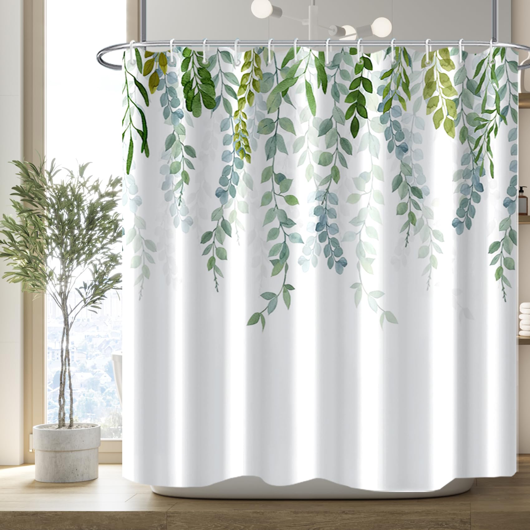 Awert Plant Shower Curtain For Bathroom Sage Green Eucalyptus Waterproof Quick-Drying Green Leaves Shower Curtain Set With Hooks