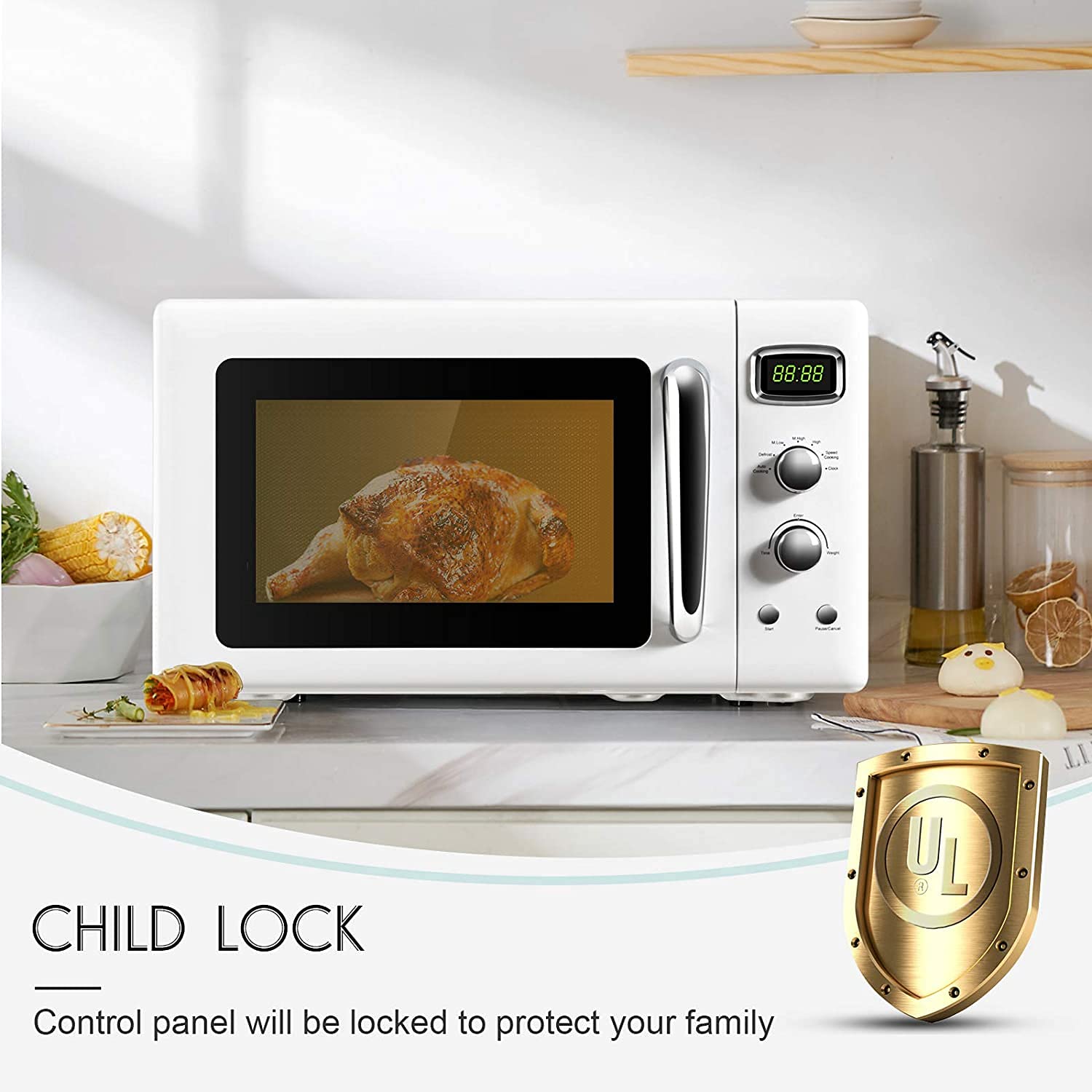 Moccha Large 0.9Cu.Ft Countertop Microwave Oven, 900-Watt Retro Microwave W/Child Safety Lock, Defrost & Auto Cooking Function,