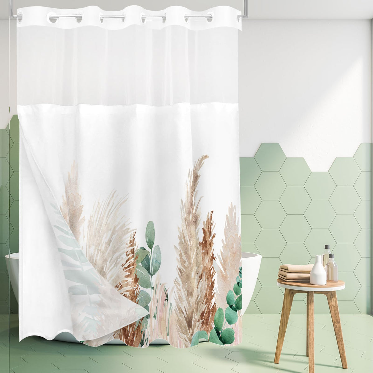 Tititex No Hooks Snap In Liner Dried Brown Pampas Grass Boho Leaves Shower Curtain Sets, Hotel Luxury Double Layers Waterproof F
