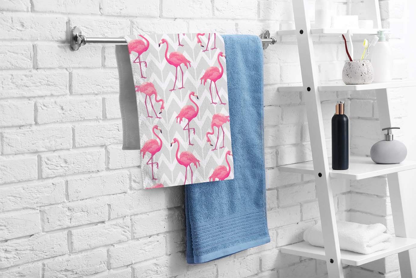 Ofloral Flamingo Hand Towels Cotton Washcloths,Tropical Chevron Pattern With Pink Flamingos Comfortable Super-Absorbent Soft Tow