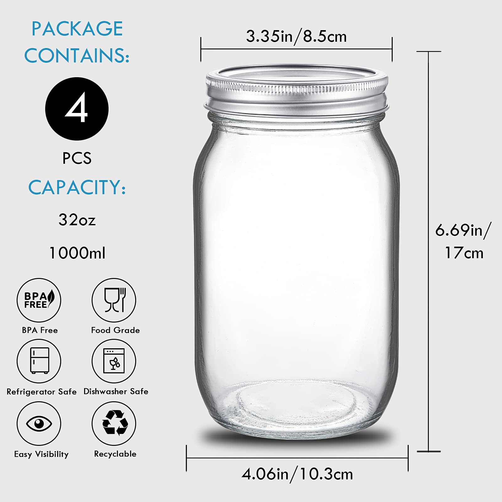 Yeboda 4 Pack Wide Mouth Mason Jars 32Oz Glass Canning Jars With Airtight Lids And Bands For Preserving, Jam, Honey, Jelly, Wedd