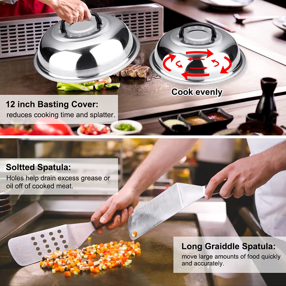 Griddle Accessories Kit  Griddle Grill Tools Set for Blackstone and Camp Chef  Two Basting Cover Professional Grill BBQ Spatula Set with Spatula  Scraper  Bottle  Tongs  Egg Ring (Round)