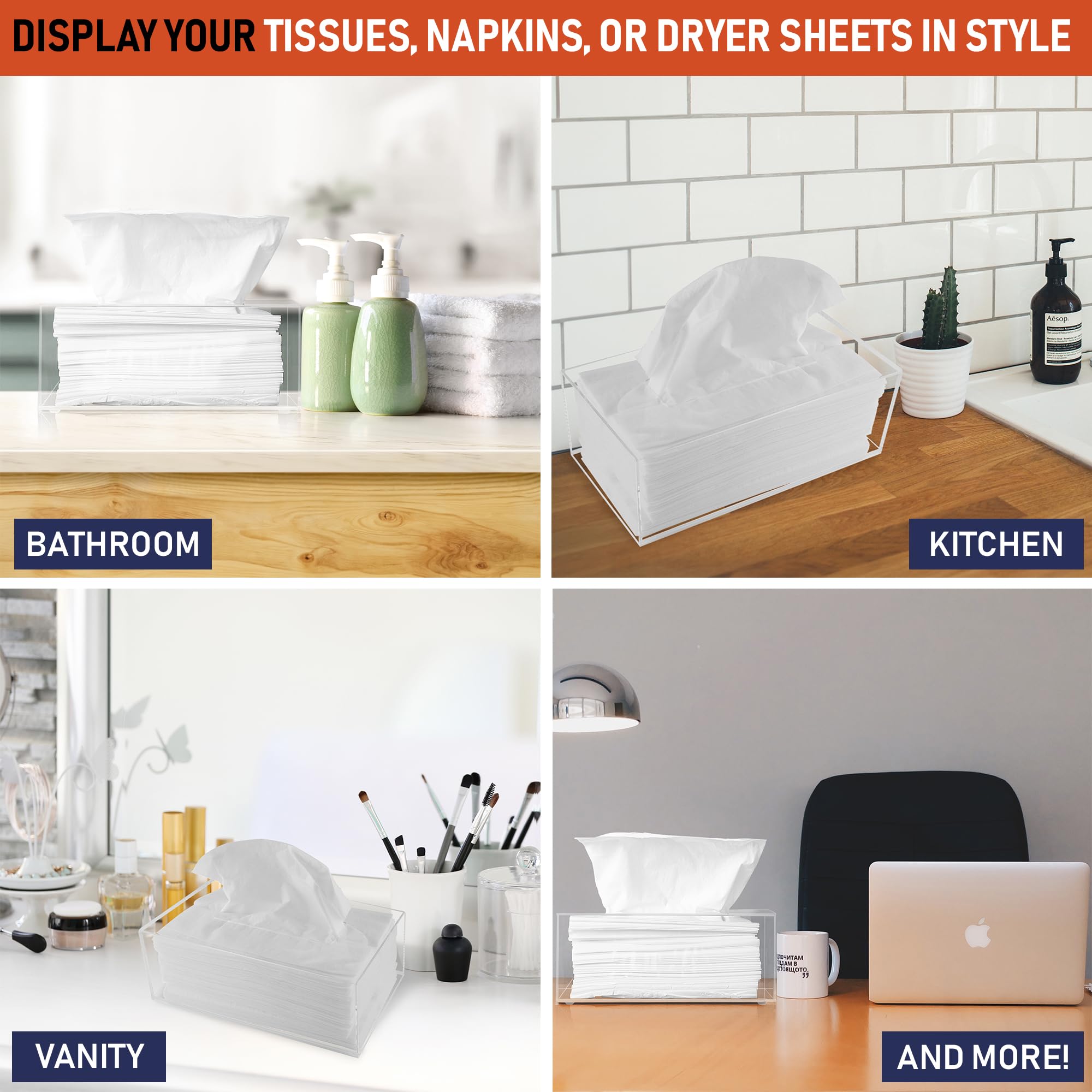 Acrylic Tissue Box Holder  Clear Tissue Box Dispenser for Facial Tissue  Napkins  Dryer Sheets. Perfect Cover for Bathroom  Desks  Countertops  Vanity  Bedroom  Night Stands (Rectangle  Clear)