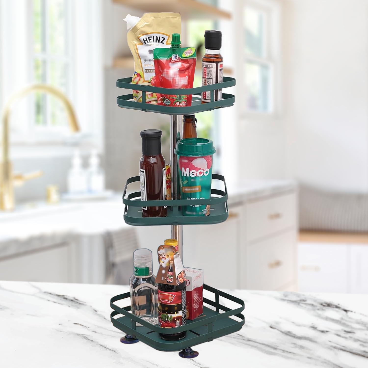Heart Home 3Layer Rotating Spice Rack|Square Shelf For Cabinet Countertop|360Degree Rotable Kitchen Trolley|Fruit Basket (Dark