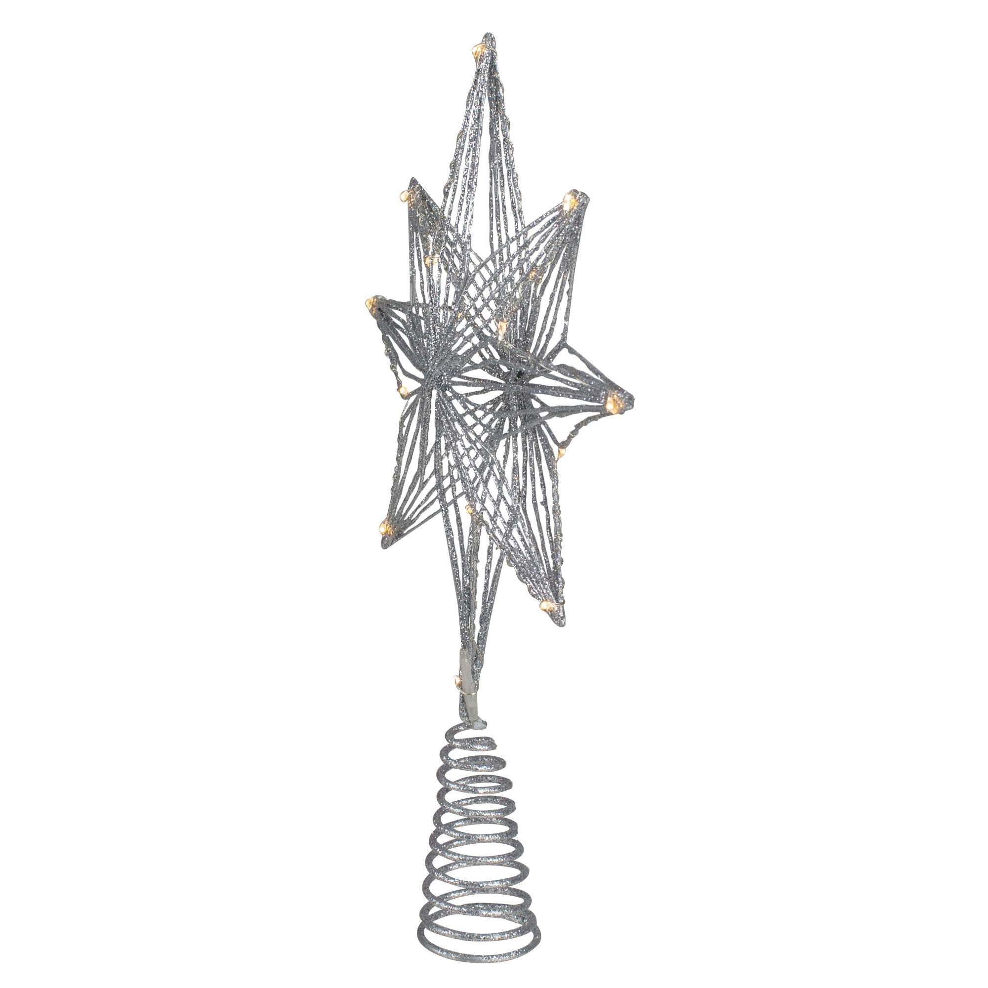 13.75 LED Lighted B/O Silver Glittered Geometric Star Christmas Tree Topper - Warm White Lights