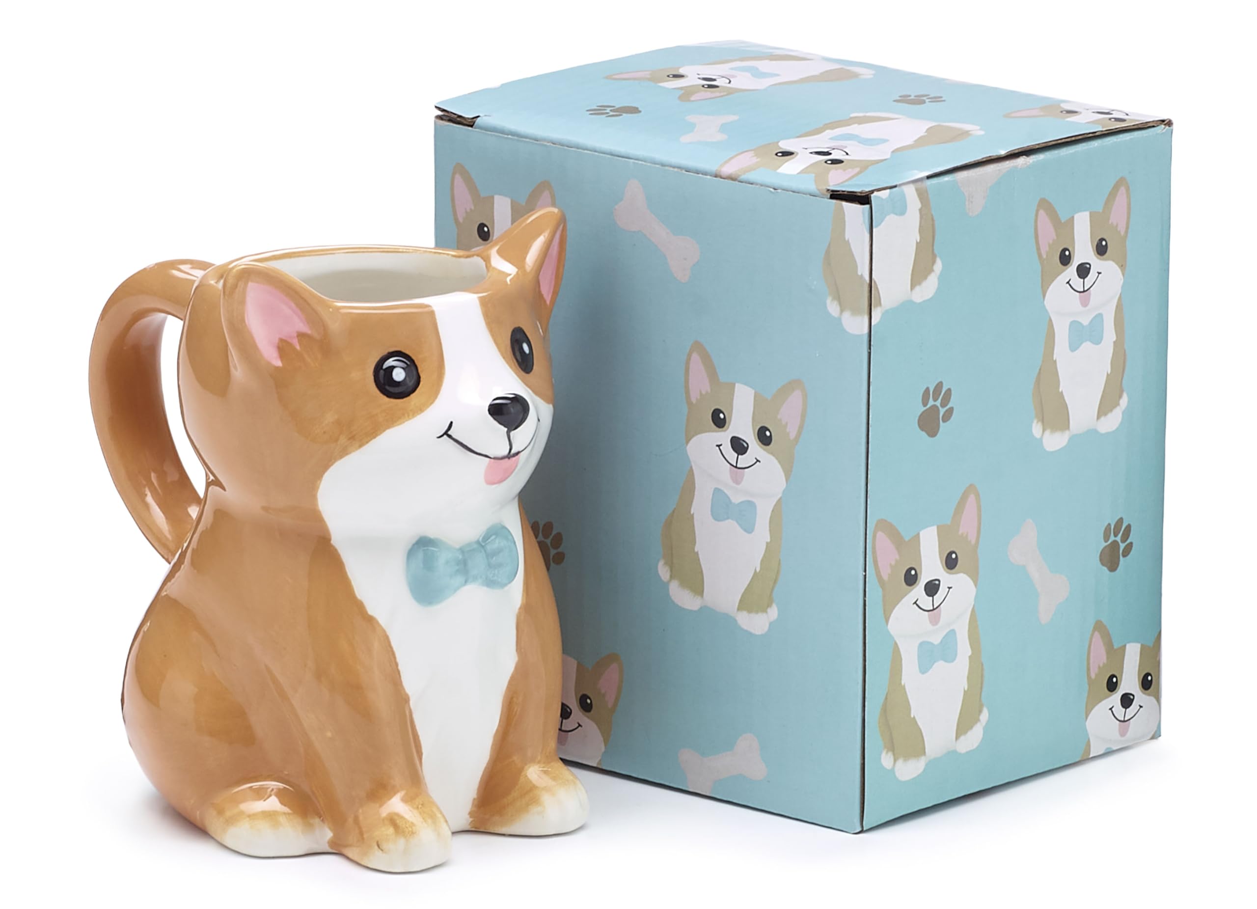 Burton Corgi Coffee Mug with Gift Box, Brown Porcelain Ceramic Cup with Handle, 10 oz Capacity