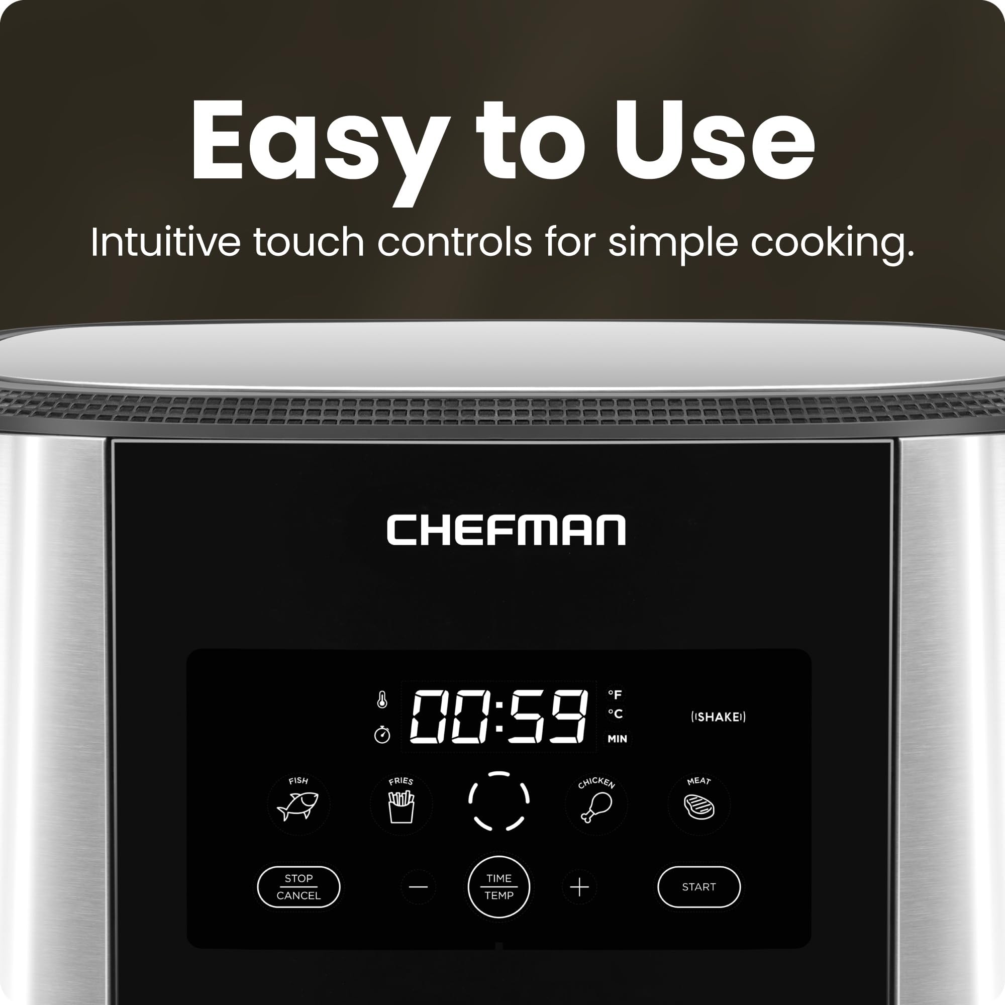 Chefman TurboFry Touch Air Fryer  XL 8-Qt Family Size  One-Touch Digital Control Presets  French Fries  Chicken  Meat  Fish  Nonstick Dishwasher-Safe Parts  Automatic Shutoff  Stainless Steel