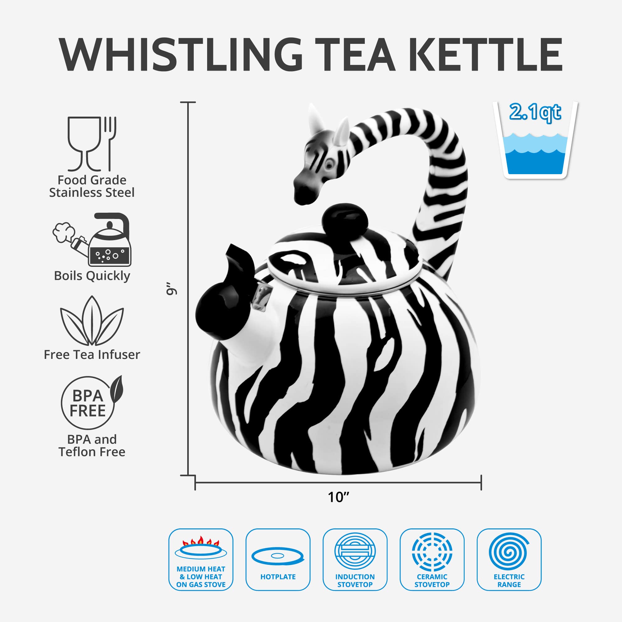 Upware Enamel On Steel Whistling Tea Kettle, Stovetop Teakettle (2.1 Quart, Zebra)