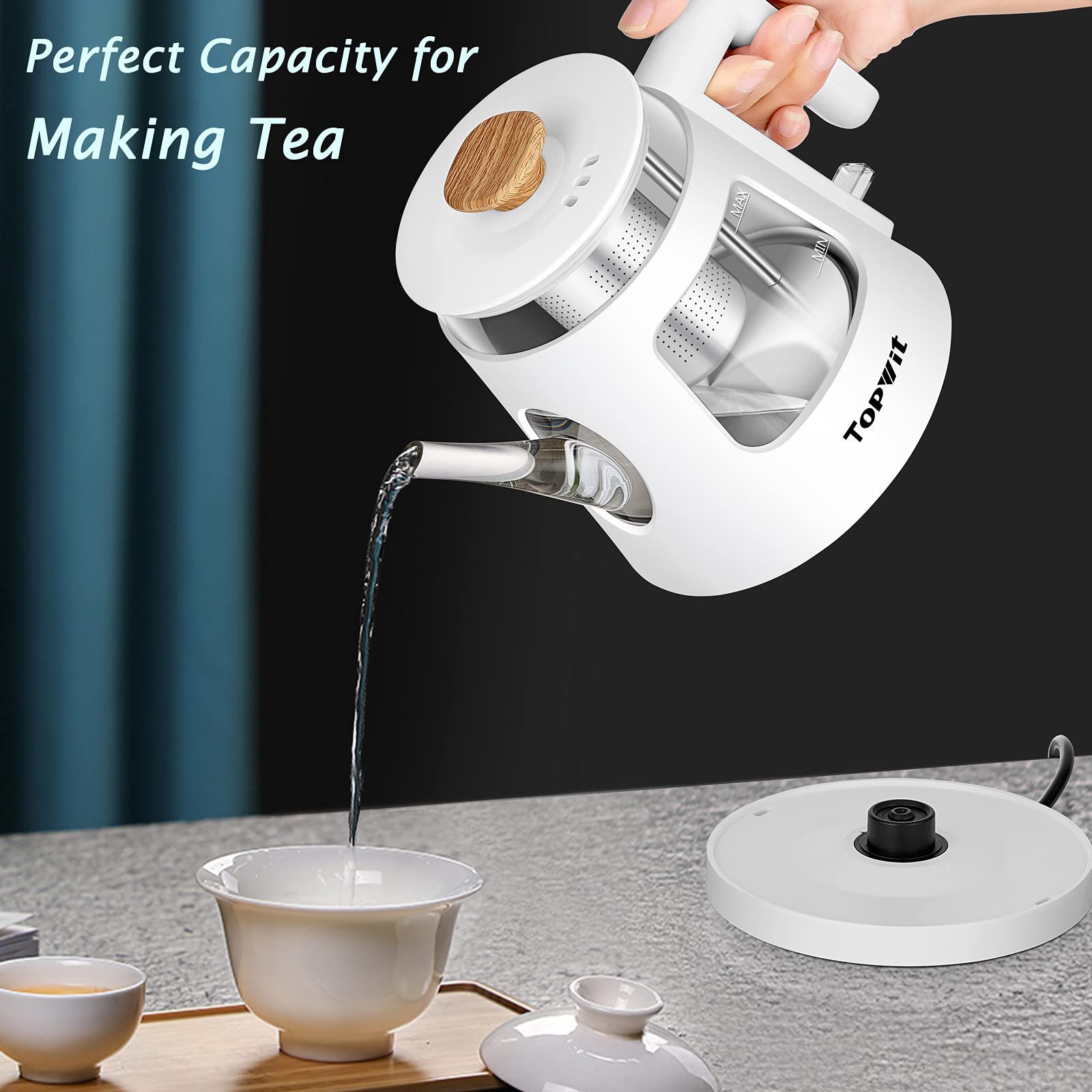 TOPWIT Electric Kettle  1.0L Electric Tea Kettle with Removable Stainless Steel Infuser  BPA-Free Electric Glass Kettle with Window  Double Wall Water Warmer  Gooseneck Kettle  Auto-shut Off  White