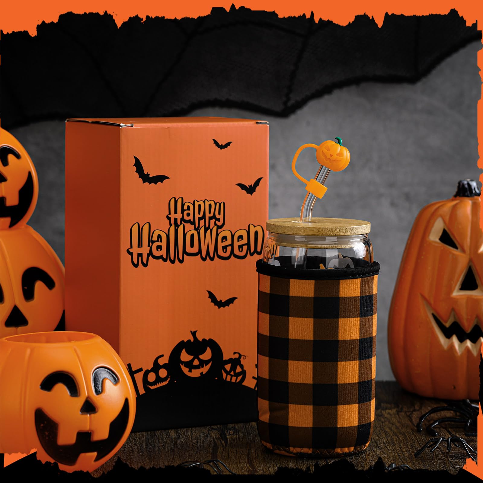Blushtier Halloween Glass Coffee Cup with Lid and Straw 16oz Spooky Iced Coffee Mug with Sleeve Boo Basket Stuffers Halloween Gi