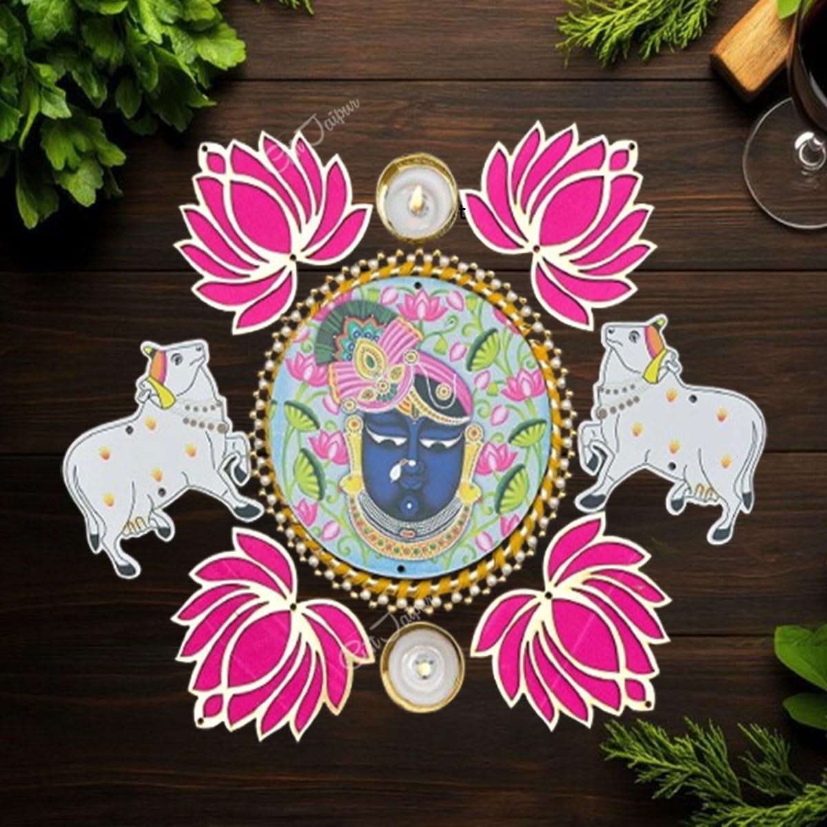 GIFT JAIPUR 7 Pc Pink Lotus Shrinathji and pichwai Cow Cutouts diyas Rangoli Deepak Diyas Home Temple Decorations for Diwali, Du