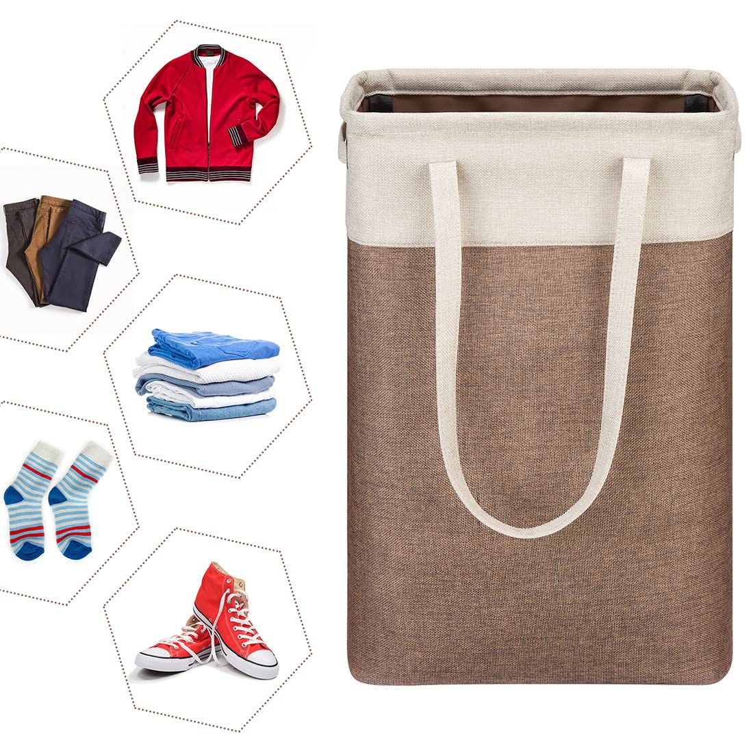 i BKGOO Laundry Basket with Handles Beige&Brown Slim Laundry Bin Collapsible Dirty Clothes Basket Narrow Laundry Bag Foldable Dirty Hamper for Camping  Dorms  Apartments