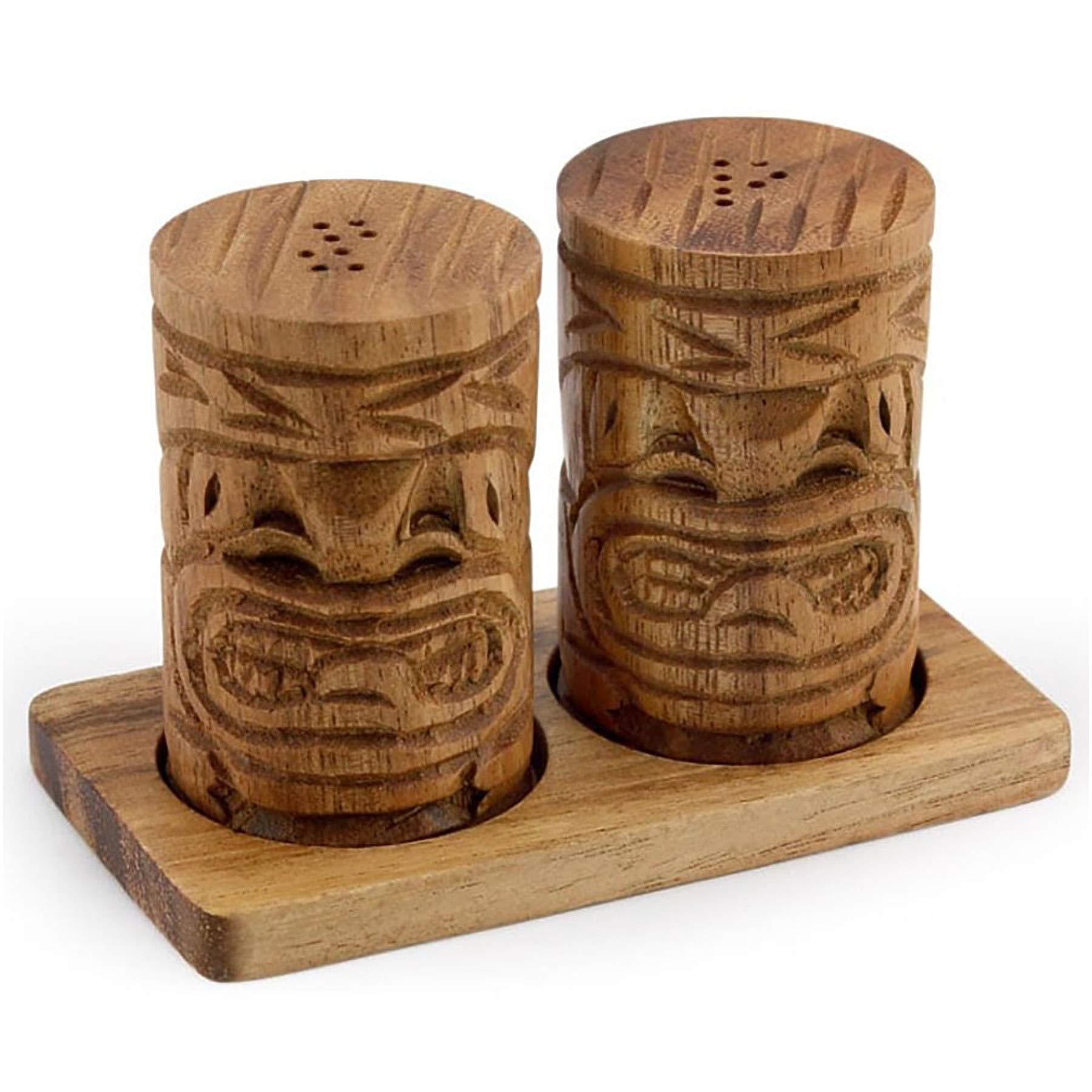 QYQBOON Acacia Wood 2 x 3 inch Tiki Salt & Pepper Shakers