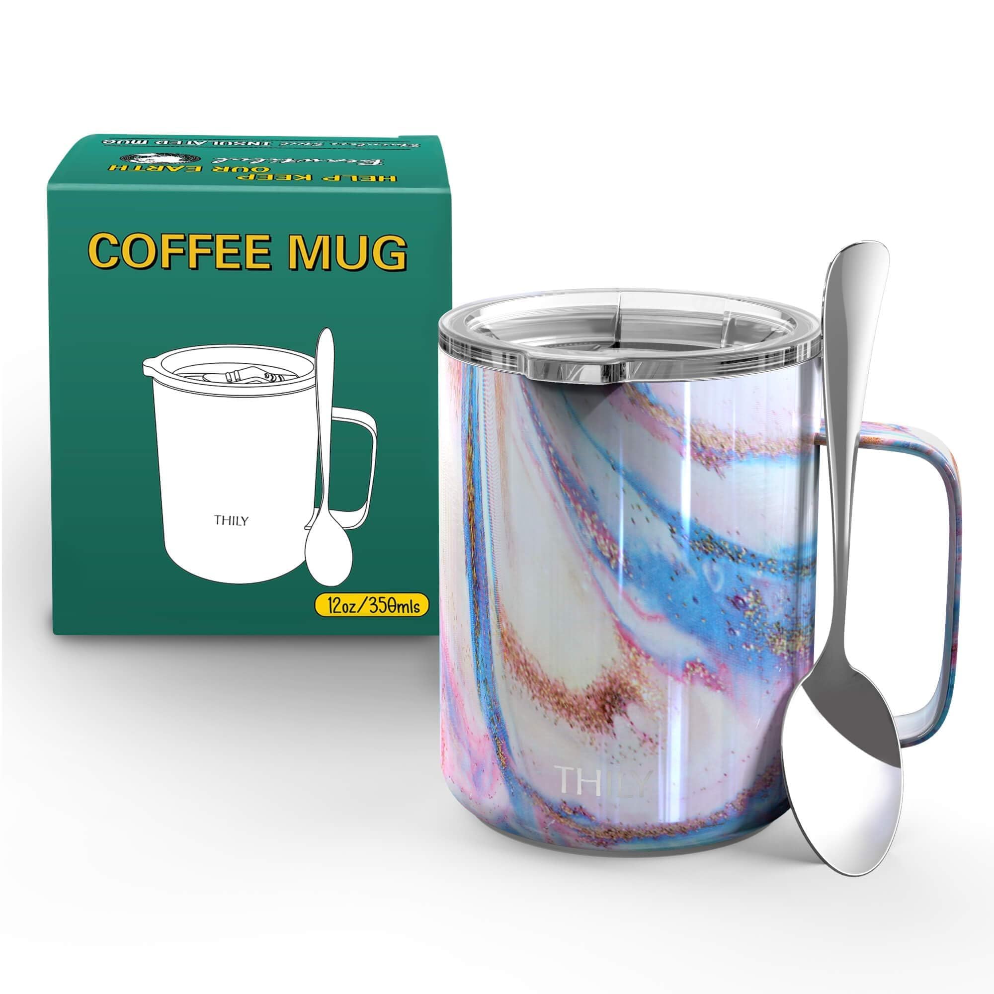 Thily Stainless Steel Insulated Coffee Mug 12 Oz Vacuum Insulated Coffee Cup With Handle, Spill-Proof Lid, Keep Coffee Cold, Pin