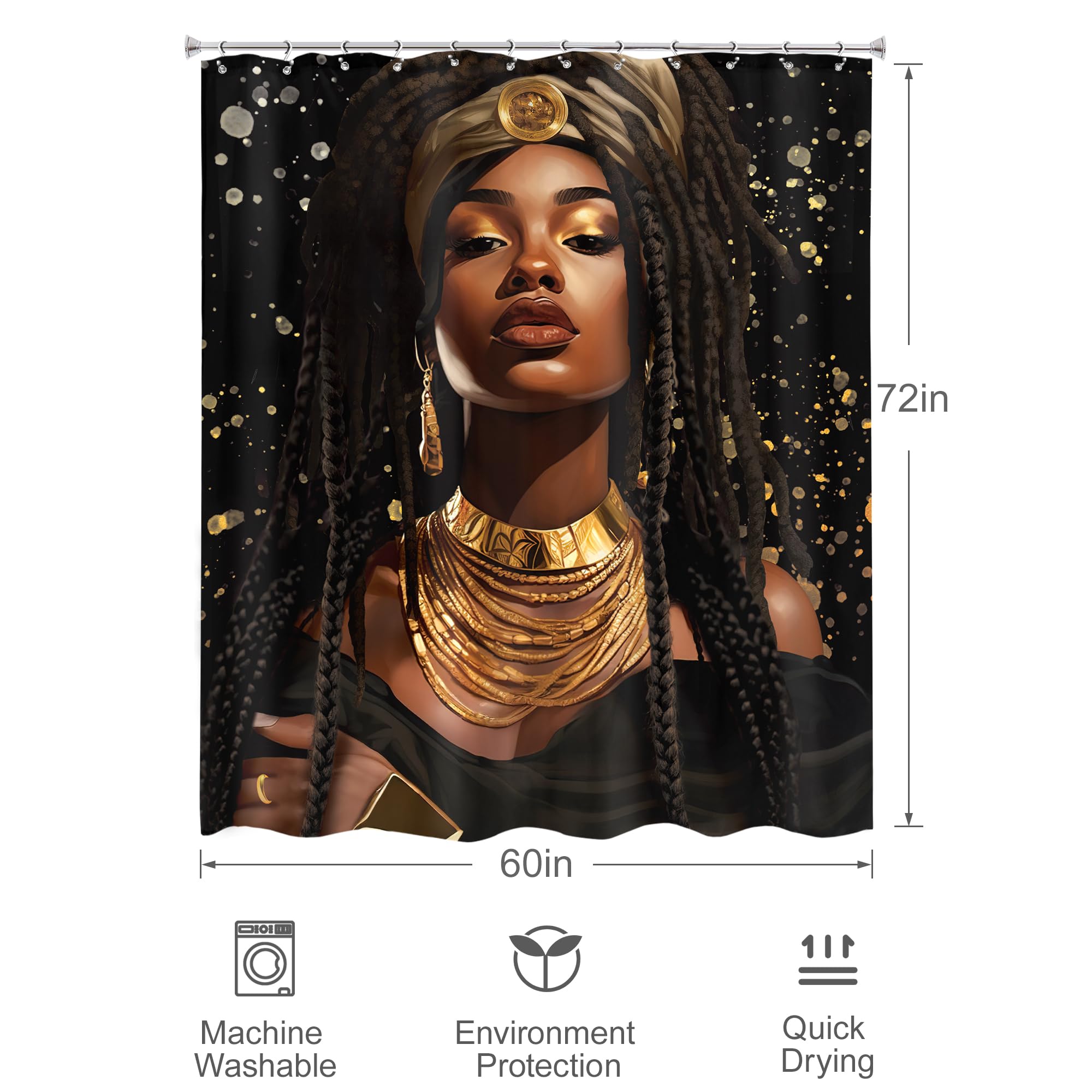 Omifly Black Girl Shower Curtain 60Wx72H Inch African American Woman Afro Ethnic Golden Luxury Modern Vintage Retro Fashion Aest