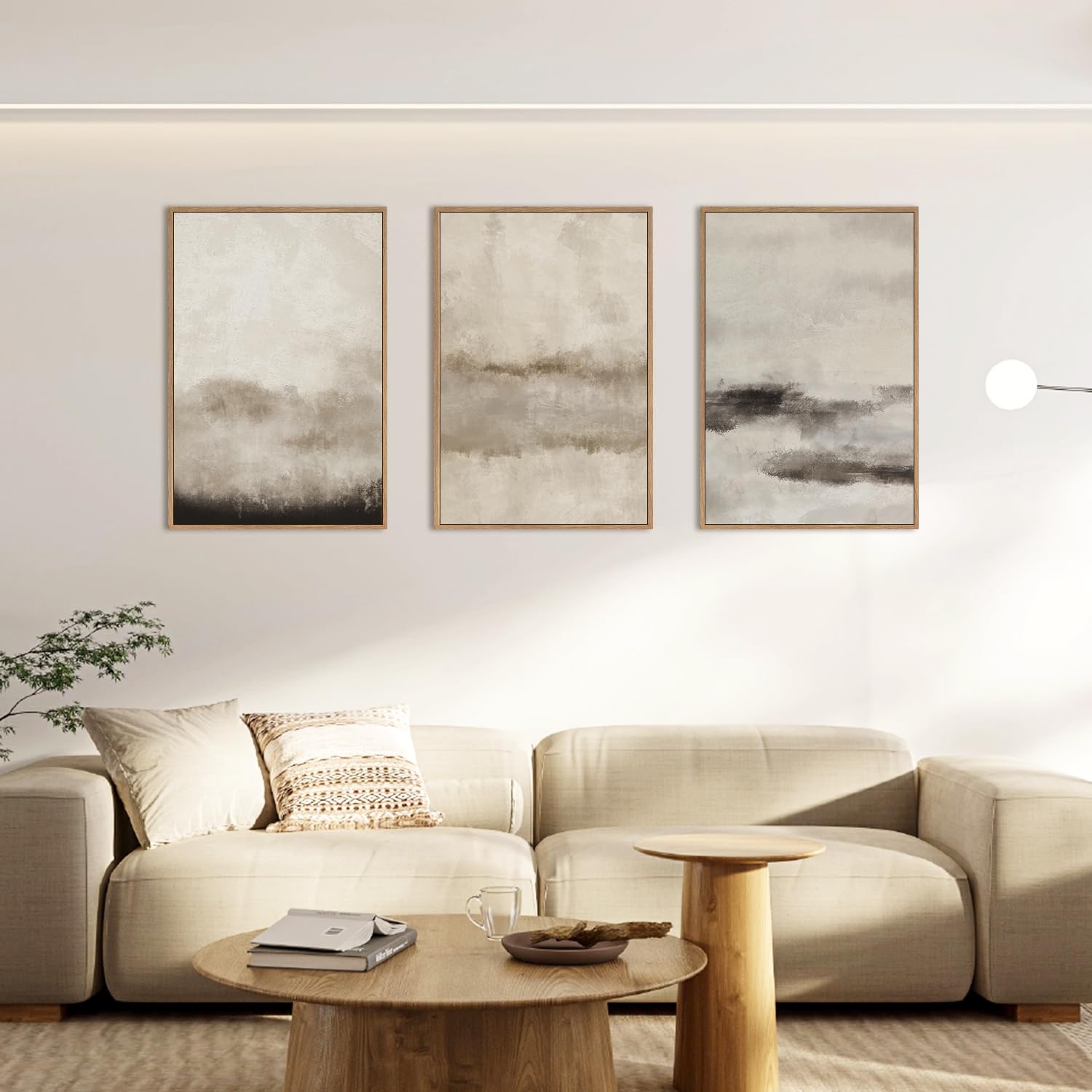 Hpinub Large Abstract Framed Canvas Wall Art Set,Minimalist Beige Gray Pastel Watercolor Wall Decor,Modern Illustration Neutral